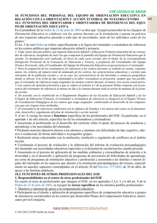 CEIP CASTILLO DE ANZUR
10. FUNCIONES DEL PERSONAL DEL EQUIPO DE ORIENTACIÓN EDUCATIVA EN
RELACIÓN CON LA ORIENTACIÓN Y ACCIÓN TUTORIAL DE NUESTRO CENTRO                                           141
10.1. FUNCIONES DEL ORIENTADOR U ORIENTADORA DE REFERENCIA DEL EQUI-
PO DE ORIENTACIÓN EDUCATIVA
En el preámbulo de la Orden de 23 de julio de 2003 se dice que ‘el papel primordial de los Equipos de
Orientación Educativa es colaborar con los centros docentes en la formulación y puesta en práctica
de una respuesta educativa ajustada a todo tipo de necesidades, tanto de los individuos como de los
grupos.’
El art. 5 de esta Orden se refiere específicamente a la figura del orientador u orientadora de referencia
en los centros públicos que impartan educación infantil y primaria:
1. Cada centro docente público que imparta Educación Infantil o Educación Primaria dispondrá de un orienta-
dor de referencia, designado de entre los que componen la plantilla del Equipo de Orientación Educativa que le
atiende. La designación será realizada, al inicio de cada curso escolar, por el titular de la correspondiente
Delegación Provincial de la Consejería de Educación y Ciencia, a propuesta del Coordinador del Equipo
Técnico Provincial, oído el Coordinador del Equipo de Orientación Educativa al que pertenezca el orientador.
2. Para la asignación de los orientadores de referencia a los centros docentes se tendrán en cuenta, conjunta-
mente, los criterios de número total de alumnado de los centros, las características educativas y sociales más
relevantes de la población escolar y, en su caso, las características de las barriadas o comarcas geográficas
donde se ubican. Con el fin de dar continuidad a la labor orientadora se procurará, siempre que sea posible,
que el orientador de referencia tenga asignados los mismos centros durante, al menos, tres cursos consecutivos.
3. Los centros de atención prioritaria a que se refiere el artículo 4.1 de la presente Orden contarán con la pre-
sencia del orientador de referencia al menos un día a la semana durante toda la sesión de mañana de la jorna-
da escolar.
4. De acuerdo con lo establecido en el Reglamento Orgánico de las Escuelas de Educación Infantil y de los
Colegios de Educación Primaria, el orientador u orientadora de referencia se integrará en el Equipo Técnico
de Coordinación Pedagógica de los centros que tenga asignados, colaborando al desarrollo de las competen-
cias que este órgano tiene atribuidas.
5. El orientador/a de referencia colaborará con la Jefatura de Estudios y los tutores del centro en la dinamiza-
ción, desarrollo y seguimiento del plan de orientación y acción tutorial.
Y el art. 9, recoge las tareas o funciones específicas de los profesionales del EOE. En particular, en el
apartado 1 de este artículo, especifica las de los orientadores y orientadoras:
 Asesorarán al profesorado en el desarrollo del currículo sobre el ajuste del proceso de enseñanza y
aprendizaje a las necesidades del alumnado.
 Prestarán atención educativa directa a los alumnos y alumnas con dificultades de tipo cognitivo, afec-
tivo o conductual, de forma individual o en pequeños grupos.
 Realizarán tareas relacionadas con la mediación, resolución y regulación de conflictos en el ámbito
escolar.
 Coordinarán el proceso de evaluación y la elaboración del informe de evaluación psicopedagógica
del alumnado con necesidades educativas especiales y el dictamen de escolarización cuando proceda.
 Asesorarán en el proceso de aplicación de las medidas ordinarias y extraordinarias de atención a la
diversidad y en el desarrollo y aplicación de programas de prevención de dificultades de aprendizaje,
así como de programas de orientación educativa y profesional y asesorarán a las familias o tutores le-
gales del alumnado en los aspectos que afecten a la orientación psicopedagógica del mismo, especial-
mente en aquellos supuestos contemplados en el artículo 20 del Decreto 137/2002, de 30 de abril, de
apoyo a las familias andaluzas.
10.2. FUNCIONES DE OTROS PROFESIONALES DEL EOE
1. Responsabilidades en el centro de otros profesionales del EOE
En cuanto al resto de profesionales que integran el EOE, en los apartados 2,3,4, 5 y 6 del art. 9 de la
Orden de 23 de julio de 2003, se recogen las tareas específicas de los distintos perfiles profesionales:
1. Maestros y maestras de apoyo a la compensación educativa:
 Participarán en el diseño y aplicación de programas específicos de compensación educativa a grupos
de alumnos/as escolarizados en los centros que desarrollen Planes de Compensación Educativa, autori-
zados por la Consejería.

                                 PLAN DE CENTRO | PROYECTO EDUCATIVO
© 2011|2012 CEIP Castillo de Anzur
 