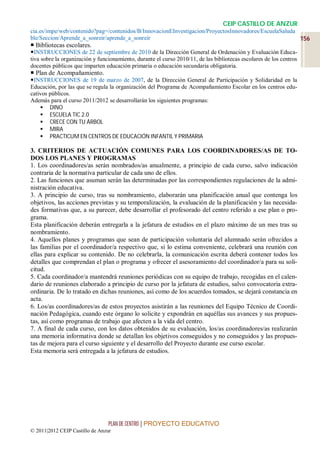 CEIP CASTILLO DE ANZUR
cia.es/impe/web/contenido?pag=/contenidos/B/InnovacionEInvestigacion/ProyectosInnovadores/EscuelaSaluda
ble/Seccion/Aprende_a_sonreir/aprende_a_sonreir                                                         156
 Bibliotecas escolares.
INSTRUCCIONES de 22 de septiembre de 2010 de la Dirección General de Ordenación y Evaluación Educa-
tiva sobre la organización y funcionamiento, durante el curso 2010/11, de las bibliotecas escolares de los centros
docentes públicos que imparten educación primaria o educación secundaria obligatoria.
 Plan de Acompañamiento.
INSTRUCCIONES de 19 de marzo de 2007, de la Dirección General de Participación y Solidaridad en la
Educación, por las que se regula la organización del Programa de Acompañamiento Escolar en los centros edu-
cativos públicos.
Además para el curso 2011/2012 se desarrollarán los siguientes programas:
     DINO
     ESCUELA TIC 2.0
     CRECE CON TU ÁRBOL
     MIRA
     PRACTICUM EN CENTROS DE EDUCACIÓN INFANTIL Y PRIMARIA

3. CRITERIOS DE ACTUACIÓN COMUNES PARA LOS COORDINADORES/AS DE TO-
DOS LOS PLANES Y PROGRAMAS
1. Los coordinadores/as serán nombrados/as anualmente, a principio de cada curso, salvo indicación
contraria de la normativa particular de cada uno de ellos.
2. Las funciones que asuman serán las determinadas por las correspondientes regulaciones de la admi-
nistración educativa.
3. A principio de curso, tras su nombramiento, elaborarán una planificación anual que contenga los
objetivos, las acciones previstas y su temporalización, la evaluación de la planificación y las necesida-
des formativas que, a su parecer, debe desarrollar el profesorado del centro referido a ese plan o pro-
grama.
Esta planificación deberán entregarla a la jefatura de estudios en el plazo máximo de un mes tras su
nombramiento.
4. Aquellos planes y programas que sean de participación voluntaria del alumnado serán ofrecidos a
las familias por el coordinador/a respectivo que, si lo estima conveniente, celebrará una reunión con
ellas para explicar su contenido. De no celebrarla, la comunicación escrita deberá contener todos los
detalles que comprendan el plan o programa y ofrecer el asesoramiento del coordinador/a para su soli-
citud.
5. Cada coordinador/a mantendrá reuniones periódicas con su equipo de trabajo, recogidas en el calen-
dario de reuniones elaborado a principio de curso por la jefatura de estudios, salvo convocatoria extra-
ordinaria. De lo tratado en dichas reuniones, así como de los acuerdos tomados, se dejará constancia en
acta.
6. Los/as coordinadores/as de estos proyectos asistirán a las reuniones del Equipo Técnico de Coordi-
nación Pedagógica, cuando este órgano lo solicite y expondrán en aquéllas sus avances y sus propues-
tas, así como programas de trabajo que afecten a la vida del centro.
7. A final de cada curso, con los datos obtenidos de su evaluación, los/as coordinadores/as realizarán
una memoria informativa donde se detallan los objetivos conseguidos y no conseguidos y las propues-
tas de mejora para el curso siguiente y el desarrollo del Proyecto durante ese curso escolar.
Esta memoria será entregada a la jefatura de estudios.




                                 PLAN DE CENTRO | PROYECTO EDUCATIVO
© 2011|2012 CEIP Castillo de Anzur
 