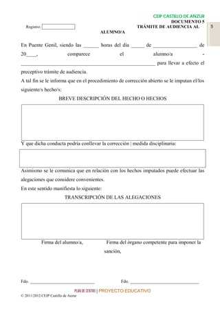 CEIP CASTILLO DE ANZUR
                                                                         DOCUMENTO 5
   Registro: ______________                                 TRÁMITE DE AUDIENCIA AL             5
                                           ALUMNO/A

En Puente Genil, siendo las ______ horas del día _____ de _________________ de
20____,                     comparece               el                alumno/a              -
____________________________________________________ para llevar a efecto el
preceptivo trámite de audiencia.
A tal fin se le informa que en el procedimiento de corrección abierto se le imputan el/los
siguiente/s hecho/s:
                       BREVE DESCRIPCIÓN DEL HECHO O HECHOS




Y que dicha conducta podría conllevar la corrección | medida disciplinaria:




Asimismo se le comunica que en relación con los hechos imputados puede efectuar las
alegaciones que considere convenientes.
En este sentido manifiesta lo siguiente:
                          TRANSCRIPCIÓN DE LAS ALEGACIONES




            Firma del alumno/a,               Firma del órgano competente para imponer la
                                             sanción,




Fdo. _____________________________                   Fdo. _______________________________

                                PLAN DE CENTRO | PROYECTO EDUCATIVO
© 2011/2012 CEIP Castillo de Anzur
 