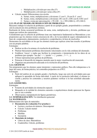 CEIP CASTILLO DE ANZUR
               o Multiplicación y división por una cifra (3º)
               o Multiplicación y división por varias cifras (4º)                                      24
     Cálculo mental: Diferenciamos tres niveles
               A. Sumas, restas, multiplicaciones y divisiones: U con U , D con D, C con C
               B. Sumas, restas, multiplicaciones y divisiones: DU con D , CDU con D, CDU con C
               C. Sumas y restas por aproximación: ± 99 (100 – 1); ± 999 (1000-1); ±95 (100-5)
2.2.3. PLAN DE MEJORA DE RESOLUCIÓN DE PROBLEMAS
Buscamos trabajar la solución de problemas a partir de un ejemplo guiado, proponiéndoles a continua-
ción la solución de otros problemas similares.
Realizarán de forma secuencial problemas de suma, resta, multiplicación y división, problemas que
tengan que realizar dos operaciones,…
Consideramos que la solución de problemas tiene una importancia fundamental en Matemáticas y nos
proponemos que los alumnos tomen conciencia de ello y de la necesidad de seguir ordenadamente las
fases de: comprensión, planteamiento, resolución y comprobación a la hora de resolverlos.
Destacamos las actividades en las que los alumnos tienen que explicar cómo han resuelto el problema
con sus propias palabras.
Estrategias:
     Dedicar un día a la semana a la resolución de problemas.
     Plantear básicamente problemas directamente relacionados con la vida cotidiana del alumnado.
     Establecer ‘trucos’ o reglas que faciliten la comprensión e interpretación de los datos de un
        problema (por ejemplo: ‘me dan’ = +; ‘pierdo’ = -; ‘¿cuánto…? = =…).
     Utilizar representaciones gráficas de problemas.
     Potenciar el desarrollo de imágenes mentales para la mejor visualización del enunciado.
     Organizar una presentación adecuada en la resolución del problema.
2.2.4. GRÁFICOS
Nos proponemos que los alumnos sepan interpretar y representar gráficos. Para ello trabajaremos a lo
largo del curso, de forma práctica, los contenidos propuestos en el PCC.
Estrategias:
     Partir del análisis de un ejemplo guiado y facilitarles, luego una serie de actividades para que
        apliquen lo aprendido de forma individual. A partir de la resolución individual, el alumno re-
        cuerda y practica los contenidos y nosotros podemos verificar si lo han asimilado adecuada-
        mente.
2.2.5. GEOMETRÍA
Estrategias:
     Fomento de actividades de orientación espacial.
     Búsqueda en la realidad de elementos naturales o arquitectónicos donde aparezcan las figuras
        que se van a estudiar.
     Observación y manipulación de figuras geométricas.
2.3. TEMPORALIZACIÓN: Ver distribución quincenal
2.4. MATERIALES.
Diferenciamos dos tipos de materiales:
     Documentos de evaluación (Ver pruebas ):
         Lectura y escritura de números. Descomponer
         Calculo. Calculo mental
         Problemas
         Medidas
         Geometría
     Materiales de trabajo:
         Libros de clase: Matemáticas
         Cuadernillos: Cálculo, problemas


                                PLAN DE CENTRO | PROYECTO EDUCATIVO
© 2011/2012 CEIP Castillo de Anzur
 