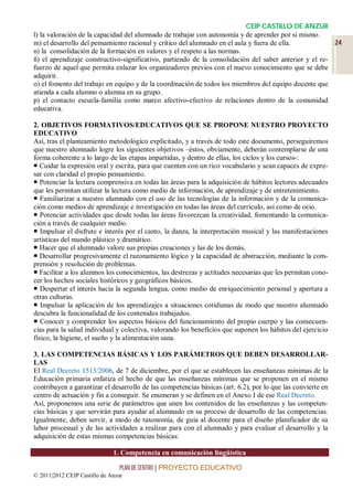 CEIP CASTILLO DE ANZUR
l) la valoración de la capacidad del alumnado de trabajar con autonomía y de aprender por sí mismo.
m) el desarrollo del pensamiento racional y crítico del alumnado en el aula y fuera de ella.            24
n) la consolidación de la formación en valores y el respeto a las normas.
ñ) el aprendizaje constructivo-significativo, partiendo de la consolidación del saber anterior y el re-
fuerzo de aquel que permita enlazar los organizadores previos con el nuevo conocimiento que se debe
adquirir.
o) el fomento del trabajo en equipo y de la coordinación de todos los miembros del equipo docente que
atienda a cada alumno o alumna en su grupo.
p) el contacto escuela-familia como marco afectivo-efectivo de relaciones dentro de la comunidad
educativa.

2. OBJETIVOS FORMATIVOS/EDUCATIVOS QUE SE PROPONE NUESTRO PROYECTO
EDUCATIVO
Así, tras el planteamiento metodológico explicitado, y a través de todo este documento, perseguiremos
que nuestro alumnado logre los siguientes objetivos –éstos, obviamente, deberán contemplarse de una
forma coherente a lo largo de las etapas impartidas, y dentro de ellas, los ciclos y los cursos-:
 Cuidar la expresión oral y escrita, para que cuenten con un rico vocabulario y sean capaces de expre-
sar con claridad el propio pensamiento.
 Potenciar la lectura comprensiva en todas las áreas para la adquisición de hábitos lectores adecuados
que les permitan utilizar la lectura como medio de información, de aprendizaje y de entretenimiento.
 Familiarizar a nuestro alumnado con el uso de las tecnologías de la información y de la comunica-
ción como medios de aprendizaje e investigación en todas las áreas del currículo, así como de ocio.
 Potenciar actividades que desde todas las áreas favorezcan la creatividad, fomentando la comunica-
ción a través de cualquier medio.
 Impulsar el disfrute e interés por el canto, la danza, la interpretación musical y las manifestaciones
artísticas del mundo plástico y dramático.
 Hacer que el alumnado valore sus propias creaciones y las de los demás.
 Desarrollar progresivamente el razonamiento lógico y la capacidad de abstracción, mediante la com-
prensión y resolución de problemas.
 Facilitar a los alumnos los conocimientos, las destrezas y actitudes necesarias que les permitan cono-
cer los hechos sociales históricos y geográficos básicos.
 Despertar el interés hacia la segunda lengua, como medio de enriquecimiento personal y apertura a
otras culturas.
 Impulsar la aplicación de los aprendizajes a situaciones cotidianas de modo que nuestro alumnado
descubra la funcionalidad de los contenidos trabajados.
 Conocer y comprender los aspectos básicos del funcionamiento del propio cuerpo y las consecuen-
cias para la salud individual y colectiva, valorando los beneficios que suponen los hábitos del ejercicio
físico, la higiene, el sueño y la alimentación sana.

3. LAS COMPETENCIAS BÁSICAS Y LOS PARÁMETROS QUE DEBEN DESARROLLAR-
LAS
El Real Decreto 1513/2006, de 7 de diciembre, por el que se establecen las enseñanzas mínimas de la
Educación primaria enfatiza el hecho de que las enseñanzas mínimas que se proponen en el mismo
contribuyen a garantizar el desarrollo de las competencias básicas (art. 6.2), por lo que las convierte en
centro de actuación y fin a conseguir. Se enumeran y se definen en el Anexo I de ese Real Decreto.
Así, proponemos una serie de parámetros que unen los contenidos de las enseñanzas y las competen-
cias básicas y que servirán para ayudar al alumnado en su proceso de desarrollo de las competencias.
Igualmente, deben servir, a modo de taxonomía, de guía al docente para el diseño planificador de su
labor procesual y de las actividades a realizar para con el alumnado y para evaluar el desarrollo y la
adquisición de estas mismas competencias básicas:

                              1. Competencia en comunicación lingüística

                                 PLAN DE CENTRO | PROYECTO EDUCATIVO
© 2011|2012 CEIP Castillo de Anzur
 