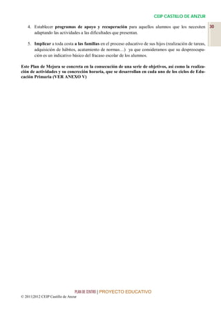 CEIP CASTILLO DE ANZUR

    4. Establecer programas de apoyo y recuperación para aquellos alumnos que los necesiten 30
       adaptando las actividades a las dificultades que presentan.

    5. Implicar a toda costa a las familias en el proceso educativo de sus hijos (realización de tareas,
       adquisición de hábitos, acatamiento de normas…) ya que consideramos que su despreocupa-
       ción es un indicativo básico del fracaso escolar de los alumnos.

Este Plan de Mejora se concreta en la consecución de una serie de objetivos, así como la realiza-
ción de actividades y su concreción horaria, que se desarrollan en cada uno de los ciclos de Edu-
cación Primaria (VER ANEXO V)




                                 PLAN DE CENTRO | PROYECTO EDUCATIVO
© 2011|2012 CEIP Castillo de Anzur
 