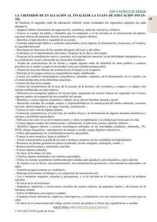 CEIP CASTILLO DE ANZUR
1.4. CRITERIOS DE EVALUACIÓN AL FINALIZAR LA ETAPA DE EDUCACIÓN INFAN-
TIL                                                                                                  44
Al finalizar el segundo ciclo de educación infantil, serán evaluados los siguientes aspectos en cada
alumno/a:
- Adquiere hábitos elementales de organización, constancia, atención, iniciativa y esfuerzo.
- Conoce su cuerpo, las partes y elementos que lo componen, y se ha iniciado en el conocimiento de algunas
nociones básicas de anatomía: huesos, articulaciones, órganos internos…
- Identifica el lado derecho e izquierdo de su cuerpo.
- Continúa adquiriendo hábitos y actitudes relacionados con la higiene, la alimentación, el descanso, el vestido y
la seguridad personal.
- Discrimina las funciones de los sentidos del gusto, del tacto y del olfato.
- Contribuye en el mantenimiento del orden y limpieza de la clase y del colegio.
- Progresa en la coordinación motriz y postural, en la percepción sensorial, en las habilidades manipulativas, en
la coordinación visual y desarrolla sus estructuras fonadoras.
- Acepta las características de los demás y respeta algunas señas de identidad de otros pueblos y culturas
presentes en su medio y acepta la diversidad como una realidad enriquecedora.
- Afianza las nociones básicas de orientación en el tiempo y en el espacio.
- Participa en los juegos colectivos respetando las reglas establecidas.
- Conoce los cambios climatológicos, atmosféricos, naturales- vegetales, en la alimentación, en el vestido y en
el medio producidos en las diferentes estaciones.
- Conoce los días de la semana.
- Conoce las características de la casa, de la escuela, de la familia y del vecindario, y respeta y se adapta a las
normas establecidas en cada contexto.
- Diferencia los transportes públicos de los privados, respetando las normas básicas de seguridad vial. Conoce
algunos medios de transporte de otros pueblos del mundo.
- Identifica y conoce algunos elementos y objetos de su entorno familiar, natural y social.
- Desarrolla actitudes de cuidado, respeto y responsabilidad en la conservación del medio ambiente: consumo
racional, ahorro energético y de agua, reciclaje, reutilización…
- Conoce el ciclo vital de algunas plantas.
- Conoce las características, el ciclo vital, los medios físicos y la alimentación de algunos animales domésticos y
salvajes y de hábitats particulares.
- Diferencia los seres vivos de la materia inerte y valora la importancia y la utilidad que tienen para la vida.
- Conoce algunos medios de comunicación e información: la televisión, prensa, Internet, teléfono…
- Identifica algunos objetos y recursos tecnológicos utilizados en las actividades cotidianas: ordenador, TV,
DVD, cámara fotográfica, reproductores de imagen y sonido, juegos digitales interactivos…
- Utiliza adecuadamente los cuantificadores básicos aprendidos.
- Conoce la serie numérica, hasta el cardinal 9.
- Asocia correctamente la grafía de los nueve primeros números con las cantidades correspondientes.
- Reconoce las formas geométricas planas (cuadrado, círculo, triángulo, rectángulo, rombo...)
- Realiza clasificaciones y seriaciones sencillas.
- Conoce algunos ordinales.
- Se inicia en la suma y la resta.
- Clasifica objetos atendiendo a los atributos aprendidos.
- Utiliza las normas socialmente establecidas para saludar, para agradecer, para despedirse y para solicitar.
- Se expresa con un léxico, una pronunciación, una estructuración gramatical y una entonación adecuados a la
edad.
- Aumenta progresivamente su vocabulario.
- Participa activamente en diálogos y en situaciones de transmisión oral.
- Lee e interpreta imágenes, etiquetas y pictogramas, y se ha iniciado en la lectura comprensiva de palabras
sencillas.
- Se Inicia en la lectoescritura.
- Reproduce, memoriza y recrea textos sencillos de cuentos clásicos, de pequeños teatros y de poemas de la
literatura infantil.
- Utiliza la biblioteca con respeto y cuidado.
- Construye frases afirmativas, negativas, interrogativas y exclamativas con una estructuración correcta para su
edad.
- Se inicia en el conocimiento del código escrito a través de palabras y frases muy significativas y usuales.
                                 PLAN DE CENTRO | PROYECTO EDUCATIVO
© 2011|2012 CEIP Castillo de Anzur
 