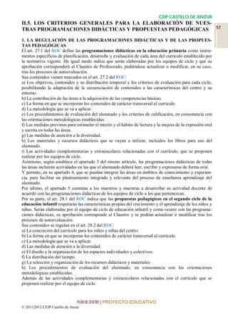 CEIP CASTILLO DE ANZUR
II.5. LOS CRITERIOS GENERALES PARA LA ELABORACIÓN DE NUES-
TRAS PROGRAMACIONES DIDÁCTICAS Y PROPUESTAS PEDAGÓGICAS 57
1. LA REGULACIÓN DE LAS PROGRAMACIONES DIDÁCTICAS Y DE LAS PROPUES-
TAS PEDAGÓGICAS
El art. 27.1 del ROC define las programaciones didácticas en la educación primaria como instru-
mentos específicos de planificación, desarrollo y evaluación de cada área del currículo establecido por
la normativa vigente. De igual modo indica que serán elaboradas por los equipos de ciclo y que su
aprobación corresponderá al Claustro de Profesorado, pudiéndose actualizar o modificar, en su caso,
tras los procesos de autoevaluación.
Sus contenidos vienen marcados en el art. 27.2 del ROC:
a) Los objetivos, contenidos y su distribución temporal y los criterios de evaluación para cada ciclo,
posibilitando la adaptación de la secuenciación de contenidos a las características del centro y su
entorno.
b) La contribución de las áreas a la adquisición de las competencias básicas.
c) La forma en que se incorporan los contenidos de carácter transversal al currículo.
d) La metodología que se va a aplicar.
e) Los procedimientos de evaluación del alumnado y los criterios de calificación, en consonancia con
las orientaciones metodológicas establecidas.
f) Las medidas previstas para estimular el interés y el hábito de lectura y la mejora de la expresión oral
y escrita en todas las áreas.
g) Las medidas de atención a la diversidad.
h) Los materiales y recursos didácticos que se vayan a utilizar, incluidos los libros para uso del
alumnado.
i) Las actividades complementarias y extraescolares relacionadas con el currículo, que se proponen
realizar por los equipos de ciclo.
Asimismo, según establece el apartado 3 del mismo artículo, las programaciones didácticas de todas
las áreas incluirán actividades en las que el alumnado deberá leer, escribir y expresarse de forma oral.
Y permite, en su apartado 4, que se puedan integrar las áreas en ámbitos de conocimiento y experien-
cia, para facilitar un planteamiento integrado y relevante del proceso de enseñanza aprendizaje del
alumnado.
Por último, el apartado 5 conmina a los maestros y maestras a desarrollar su actividad docente de
acuerdo con las programaciones didácticas de los equipos de ciclo a los que pertenezcan.
Por su parte, el art. 28.1 del ROC indica que las propuestas pedagógicas en el segundo ciclo de la
educación infantil respetarán las características propias del crecimiento y el aprendizaje de los niños y
niñas. Serán elaboradas por el equipo de ciclo de educación infantil y como ocurre con las programa-
ciones didácticas, su aprobación corresponde al Claustro y se podrán actualizar o modificar tras los
procesos de autoevaluación.
Sus contenidos se regulan en el art. 28.2 del ROC:
a) La concreción del currículo para los niños y niñas del centro.
b) La forma en que se incorporan los contenidos de carácter transversal al currículo.
c) La metodología que se va a aplicar.
d) Las medidas de atención a la diversidad.
e) El diseño y la organización de los espacios individuales y colectivos.
f) La distribución del tiempo.
g) La selección y organización de los recursos didácticos y materiales.
h) Los procedimientos de evaluación del alumnado, en consonancia con las orientaciones
metodológicas establecidas.
Además de las actividades complementarias y extraescolares relacionadas con el currículo que se
proponen realizar por el equipo de ciclo.



                                 PLAN DE CENTRO | PROYECTO EDUCATIVO
© 2011|2012 CEIP Castillo de Anzur
 