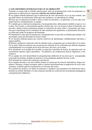 CEIP CASTILLO DE ANZUR
2. LOS CRITERIOS GENERALES PARA SU ELABORACIÓN
Teniendo en cuenta todo lo referido anteriormente, tanto las programaciones como las propuestas se- 58
guirán para su elaboración los siguientes criterios con carácter general:
 Los equipos deberán plantearse que la elaboración de estos documentos no es un mero trámite, sino
que debe tratarse de instrumentos útiles para una enseñanza y un aprendizaje de calidad.
 Puesto que su aplicación incumbe y afecta a todos los docentes y, en particular, a los de cada ciclo,
deberá hacerse coordinadamente, en equipo.
 A medida que se elaboran las propuestas y las programaciones, debe pensarse también en qué se va a
evaluar. Por lo tanto, se seleccionarán aquellos criterios que van a servir para evaluar al alumnado, con
precisión. Dichos criterios plantearán siempre la realización de tareas útiles y funcionales que mues-
tren que el aprendizaje de los contenidos ha sido realmente útil. Igualmente, se planificarán instrumen-
tos útiles para medir los progresos del alumnado.
 Fundamental y base para las propuestas y programaciones es que éstas se diseñen para atender a las
necesidades reales del alumnado de nuestro centro.
 Los docentes deberán guiarse por criterios selectivos de aprendizajes verdaderamente relevantes e
imprescindibles.
 Deberán establecerse relaciones entre las distintas áreas y programas que se desarrollen en el centro.
Por lo tanto, habrá de realizarse una secuenciación coherente de los contenidos que deberán integrarse
coordinadamente en el conjunto de las áreas del curso, del ciclo y de la etapa.
 Se introducirá, en la medida de lo posible, en cada área contenidos de lectura, de expresión oral y de
razonamiento práctico lógico-matemático. En definitiva, las competencias básicas lingüísticas y ma-
temáticas.
 Los equipos de ciclo desarrollarán las programaciones didácticas de las áreas que le correspondan,
incluyendo las distintas medidas de atención a la diversidad que pudieran llevarse a cabo.
 Se incluirán los criterios de evaluación y promoción.
 Los equipos docentes y de ciclo tendrán siempre en cuenta que las áreas de matemáticas, lengua cas-
tellana y literatura y lengua extranjera, dado su carácter instrumental para la adquisición de otros cono-
cimientos, recibirán especial consideración en el horario del centro.
 La jefatura de estudios, con objeto de armonizar y establecer unos parámetros de elaboración claros,
diseñará un modelo detallado y lo más exhaustivo posible de confección de las propuestas pedagógicas
y programaciones didácticas.




                                 PLAN DE CENTRO | PROYECTO EDUCATIVO
© 2011|2012 CEIP Castillo de Anzur
 