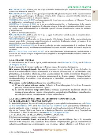 CEIP CASTILLO DE ANZUR
DECRETO 230/2007, de 31 de julio, por el que se establece la ordenación y las enseñanzas correspondientes a
la educación primaria en Andalucía.                                                                                  61
DECRETO 328/2010, de 13 de julio, por el que se aprueba el Reglamento Orgánico de las escuelas infantiles
de segundo grado, de los colegios de educación primaria, de los colegios de educación infantil y primaria, y de
los centros públicos específicos de educación especial.
ORDEN de 10 de agosto de 2007, por la que se desarrolla el currículo correspondiente a la Educación Primaria
en Andalucía (ver particularmente su anexo II).
ORDEN de 20 de agosto de 2010, por la que se regula la organización y el funcionamiento de las escuelas
infantiles de segundo ciclo, de los colegios de educación primaria, de los colegios de educación infantil y prima-
ria y de los centros públicos específicos de educación especial, así como el horario de los centros, del alumnado
y del profesorado.
C) Sobre el horario extraescolar:
DECRETO 301/2009, de 14 de julio, por el que se regula el calendario y jornada escolar en los centros docen-
tes, a excepción de los universitarios.
DECRETO 328/201, de 13 de julio, por el que se aprueba el Reglamento Orgánico de las escuelas infantiles de
segundo grado, de los colegios de educación primaria, de los colegios de educación infantil y primaria, y de los
centros públicos específicos de educación especial.
ORDEN de 3 de agosto de 2010, por la que se regulan los servicios complementarios de la enseñanza de aula
matinal, comedor escolar y actividades extraescolares en los centros docentes públicos, así como la ampliación
de horario.
INSTRUCCIONES de 19 de marzo de 2007, de la Dirección General de Participación y Solidaridad en la
Educación, por las que se regula la organización del Programa de Acompañamiento Escolar en los centros edu-
cativos públicos.

2. LA JORNADA ESCOLAR
La base normativa por la que se rige la jornada escolar está en el Decreto 301/2009 y en la Orden de
20 de agosto de 2010.
En la organización del tiempo escolar que reflejamos en este documento, distinguimos:
La jornada de los profesionales docentes del centro que incluye, además del tiempo dedicado a las
tareas de atención didáctica directa al alumnado, a la atención en los recreos y a las actividades com-
plementarias, el dedicado a labores de gestión y administración del centro, coordinación de equipos u
órganos y de planes y programas, la asistencia a reuniones de los diversos equipos y órganos, la plani-
ficación del trabajo, la atención a otros miembros de la comunidad, y cualesquiera otras inherentes a
sus funciones.
La jornada escolar del alumnado que tiene un doble aspecto:
    a) El horario lectivo o tiempo escolar, dedicado al desarrollo reglado del currículo de materias
        previstas en la normativa educativa vigente.
    b) El horario no lectivo tiempo extraescolar, destinado a actividades de atención educativa no
        reglada, a las de refuerzo y apoyo extraordinario a alumnado con dificultades y a aquellas otras
        de carácter formativo y complementario al currículo ordinario.

3. LA ORGANIZACIÓN DEL HORARIO LECTIVO O TIEMPO ESCOLAR
3.1. EL HORARIO DEL PERSONAL DOCENTE
La jornada del personal docente del centro se guía por lo contemplado fundamentalmente en la Orden
de 4 de septiembre de 1987, en la Resolución de 6 de octubre de 2005, que recopila y sistematiza la
diversa legislación sobre el tema en el de Manual de gestión del cumplimiento de la jornada y hora-
rios en los Centros Públicos de Educación y Servicios Educativos dependientes de la Consejería de
Educación de la Junta de Andalucía y en la Orden de 20 de agosto de 2010.
3.1.1. EL HORARIO DE TRABAJO DEL PERSONAL DOCENTE
Este tiempo considera dos aspectos o períodos diferenciados:
1. El período semanal lectivo de carácter fijo o regular de atención didáctica directa del alumnado,
atención en los recreos de éste y desarrollo de actividades complementarias, gestión y administración
del centro, coordinación de equipos docentes y de programas y planes educativos será de lunes a vier-


                                 PLAN DE CENTRO | PROYECTO EDUCATIVO
© 2011|2012 CEIP Castillo de Anzur
 