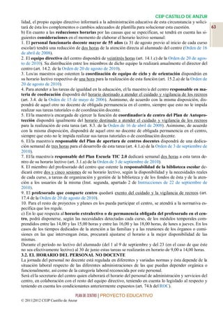 CEIP CASTILLO DE ANZUR
lidad, el propio equipo directivo informará a la administración educativa de esta circunstancia y solici-
tará de ésta los complementos o cambios adecuados de plantilla para solucionar esta cuestión.              63
b) En cuanto a las reducciones horarias por las causas que se especifican, se tendrá en cuenta las si-
guientes consideraciones en el momento de elaborar el horario lectivo semanal:
1. El personal funcionario docente mayor de 55 años (a 31 de agosto previo al inicio de cada curso
escolar) tendrá una reducción de dos horas de la atención directa al alumnado del centro (Orden de 16
de abril de 2008).
2. El equipo directivo del centro dispondrá de veintitrés horas (art. 14.1.c) de la Orden de 20 de agos-
to de 2010). Su distribución entre los miembros de dicho equipo la realizará anualmente el director del
centro (art. 14.2. de la Orden de 20 de agosto de 2010).
3. Los/as maestros que ostenten la coordinación de equipo de ciclo y de orientación dispondrán en
su horario lectivo respectivo de una hora para la realización de esta función (art. 15.2.a) de la Orden de
20 de agosto de 2010).
4. Para atender a las tareas de igualdad en la educación, el/la maestro/a del centro responsable en ma-
teria de coeducación dispondrá del horario destinado a atender el cuidado y vigilancia de los recreos
(art. 3.4. de la Orden de 15 de mayo de 2006). Asimismo, de acuerdo con la misma disposición, dis-
pondrá de aquel otro no docente de obligada permanencia en el centro, siempre que esto no le impida
realizar sus tareas tutoriales o de coordinación docente.
5. El/la maestro/a encargada de ejercer la función de coordinador/a de centro del Plan de Autopro-
tección dispondrá igualmente del horario destinado a atender el cuidado y vigilancia de los recreos
para la realización de esta tarea (art. 8.3. de la Orden de 16 de abril de 2008). Asimismo, de acuerdo
con la misma disposición, dispondrá de aquel otro no docente de obligada permanencia en el centro,
siempre que esto no le impida realizar sus tareas tutoriales o de coordinación docente.
6. El/la maestro/a responsable del Plan de apertura de centros docentes dispondrá de una dedica-
ción semanal de tres horas para el desarrollo de esta tarea (art. 4.1.a) de la Orden de 3 de septiembre de
2010).
7. El/la maestro/a responsable del Plan Escuela TIC 2.0 dedicará semanal dos horas a esta tarea de-
ntro de su horario lectivo (art. 3.1.a) de la Orden de 3 de septiembre de 2010).
8. El miembro del profesorado del centro que ostente la responsabilidad de la biblioteca escolar de-
dicará entre dos y cinco sesiones de su horario lectivo, según la disponibilidad y la necesidades reales
de cada curso, a tareas de organización y gestión de la biblioteca y de los fondos de ésta y de la aten-
ción a los usuarios de la misma (Inst. segunda, apartado 2 de Instrucciones de 22 de septiembre de
2010).
9. El profesorado que comparte centro quedará exento del cuidado y la vigilancia de recreos (art.
17.4 de la Orden de 20 de agosto de 2010).
10. Para el resto de proyectos y planes en los pueda participar el centro, se atendrá a la normativa es-
pecífica que los regule.
c) En lo que respecta al horario extralectivo o de permanencia obligada del profesorado en el cen-
tro, podrá disponerse, según las necesidades detectadas cada curso, de los módulos temporales com-
prendidos entre las 14,00 y las 15,00 horas y entre las 16,00 y las 18,00 horas, de lunes a jueves. En los
casos de los tiempos dedicados de la atención a las familias y a las reuniones de los órganos o comi-
siones en las que intervengan éstas, procurará ajustarse el horario a la mejor disponibilidad de las
mismas.
Durante el período no lectivo del alumnado (del 1 al 9 de septiembre y del 23 (en el caso de que éste
no sea efectivamente lectivo) al 30 de junio estas tareas se realizarán en horario de 9,00 a 14,00 horas.
3.2. EL HORARIO DEL PERSONAL NO DOCENTE
La jornada del personal no docente está regulada en diferentes y variadas normas y ésta depende de la
situación laboral respecto de las diferentes administraciones de las que puedan depender orgánica o
funcionalmente, así como de la categoría laboral reconocida por este personal.
Será el/la secretario del centro quien elaborará el horario del personal de administración y servicios del
centro, en colaboración con el resto del equipo directivo, teniendo en cuenta lo legislado al respecto y
teniendo en cuenta los condicionantes anteriormente expuestos (art. 74.h del ROC).

                                 PLAN DE CENTRO | PROYECTO EDUCATIVO
© 2011|2012 CEIP Castillo de Anzur
 