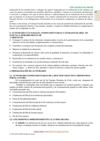 CEIP CASTILLO DE ANZUR
utilización de las instalaciones y sufragar los gastos originados por la utilización de las mismas, así
como los gastos ocasionados por posibles deterioros, pérdidas o roturas en el material, instalaciones 67
o servicios y cualquier otro que se derive directa o indirectamente de la realización de la actividad
que se propone en el proyecto presentado. Los centros comunicarán los proyectos aprobados por el
Consejo Escolar a las Delegaciones Provinciales de la Consejería competente en materia de educa-
ción.’
En base a esta norma, el Consejo Escolar decidirá en los casos de petición de realización de activida-
des con una duración inferior a una semana, siempre y cuando la entidad solicitante se comprometa al
respeto de lo estipulado en ella.

5. ACTIVIDADES CULTURALES, COMPLEMENTARIAS Y EXTRAESCOLARES NO
SUJETAS A HORARIO REGULAR
1. OBJETIVOS
 Conseguir la mejora de las relaciones interpersonales a través de la participación de la comunidad
    educativa en las actividades complementarias y extraescolares.
   Contribuir a conseguir una formación más completa y plena del alumnado.
   Mejorar la calidad de la educación.
   Potenciar el desarrollo de valores, tales como la igualdad, la tolerancia, el respeto, la solidaridad, la
    cooperación, la responsabilidad...
   Desarrollar en los alumnos/as un sentido crítico y constructivo.
   Familiarizar al alumnado con acontecimientos culturales de todo tipo.
   En concreto, dar a conocer aspectos de la cultura andaluza referentes a paisajes, historia, arte, lite-
    ratura, lengua... y, dentro de ésta, aprender a valorar la historia y cultura de nuestro pueblo.
2. PROGRAMACIÓN DE ACTIVIDADES

2.1. ACTIVIDADES COMPLEMENTARIAS DE CARÁCTER COLECTIVO PROMOVIDAS
POR EL CENTRO
        En la programación de cada uno de los Equipos Docentes de Ciclo, existe una propuesta de
actividades a desarrollar por cada uno de ellos durante el curso escolar.
        También se contemplan otras actividades que se organizan con carácter general y conjunto, que
tendrán un doble carácter de conmemoración general y de conmemoración grupal en cada tutoría. Estas
actividades generales son:
 Conmemoración del Día contra la violencia de género (Noviembre)
   Celebración del Día de la Constitución (diciembre)
   Fiesta de Navidad (diciembre)
   Conmemoración del Día Escolar de la No-violencia y la Paz (enero)
   Celebración del Día de Andalucía (febrero)
   Celebración del Día del Libro (abril)
   Celebración del Día de Europa (mayo)
   Fin de Curso (junio).
2.2.- EXCURSIONES CORRESPONDIENTES AL CURSO 2011/2012
       E. Infantil: Los alumnos/as de los tres cursos de E. Infantil realizarán una visita anual en el mes
        de mayo a la granja-escuela La Cañada, situada en las inmediaciones de la localidad de Estepa.


                                 PLAN DE CENTRO | PROYECTO EDUCATIVO
© 2011|2012 CEIP Castillo de Anzur
 