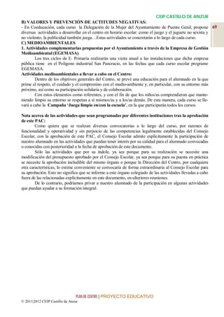 CEIP CASTILLO DE ANZUR
B) VALORES Y PREVENCIÓN DE ACTITUDES NEGATIVAS:
- En Coeducación, cada curso la Delegación de la Mujer del Ayuntamiento de Puente Genil, propone 69
diversas actividades a desarrollar en el centro en horario escolar: como el juego y el juguete no sexista y
no violento, la publicidad también juega…Estas actividades se concretarán a lo largo de cada curso.
C) MEDIOAMBIENTALES
1. Actividades complementarias propuestas por el Ayuntamiento a través de la Empresa de Gestión
Medioambiental (EGEMASA).
        Los tres ciclos de E. Primaria realizarán una visita anual a las instalaciones que dicha empresa
pública tiene en el Polígono industrial San Pancracio, en las fechas que cada curso escolar programe
EGEMASA.
Actividades medioambientales a llevar a cabo en el Centro:
        Dentro de los objetivos generales del Centro, se prevé una educación para el alumnado en la que
prime el respeto, el cuidado y el compromiso con el medio-ambiente y, en particular, con su entorno más
próximo, así como su participación solidaria y de colaboración.
        Con estos elementos como referentes, y con el fin de que los niños/as comprendieran que mante-
niendo limpio su entorno se respetan a sí mismos/as y a los/as demás. De esta manera, cada curso se lle-
vará a cabo la Campaña ‘Juega limpio en/con la escuela’, en la que participarán todos los cursos.

Nota acerca de las actividades que sean programadas por diferentes instituciones tras la aprobación
de este PAC:
        Como quiera que se realizan diversas convocatorias a lo largo del curso, por razones de
funcionalidad y operatividad y sin perjuicio de las competencias legalmente establecidas del Consejo
Escolar, con la aprobación de este PAC, el Consejo Escolar admite explícitamente la participación de
nuestro alumnado en las actividades que puedan tener interés por su calidad para el alumnado convocadas
o conocidas con posterioridad a la fecha de aprobación de este documento.
        Sólo las actividades que por su índole, ya sea porque para su realización se necesite una
modificación del presupuesto aprobado por el Consejo Escolar, ya sea porque para su puesta en práctica
se necesite la aprobación ineludible del mismo órgano o porque la Dirección del Centro, por cualquiera
otra características, lo estime conveniente se convocaría de forma extraordinaria al Consejo Escolar para
su aprobación. Esto no significa que se informe a este órgano colegiado de las actividades llevadas a cabo
fuera de las relacionadas explícitamente en este documento, en ulteriores reuniones.
        De lo contrario, podríamos privar a nuestro alumnado de la participación en algunas actividades
que puedan ayudar a su formación integral.




                                 PLAN DE CENTRO | PROYECTO EDUCATIVO
© 2011|2012 CEIP Castillo de Anzur
 