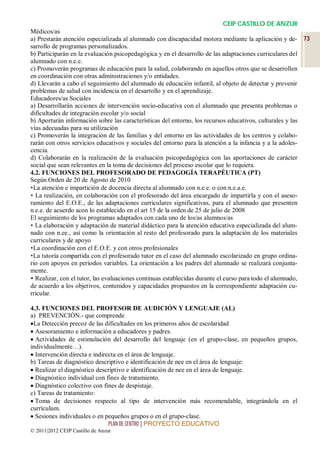 CEIP CASTILLO DE ANZUR
Médicos/as
a) Prestarán atención especializada al alumnado con discapacidad motora mediante la aplicación y de- 73
sarrollo de programas personalizados.
b) Participarán en la evaluación psicopedagógica y en el desarrollo de las adaptaciones curriculares del
alumnado con n.e.e.
c) Promoverán programas de educación para la salud, colaborando en aquellos otros que se desarrollen
en coordinación con otras administraciones y/o entidades.
d) Llevarán a cabo el seguimiento del alumnado de educación infantil, al objeto de detectar y prevenir
problemas de salud con incidencia en el desarrollo y en el aprendizaje.
Educadores/as Sociales
a) Desarrollarán acciones de intervención socio-educativa con el alumnado que presenta problemas o
dificultades de integración escolar y/o social
b) Aportarán información sobre las características del entorno, los recursos educativos, culturales y las
vías adecuadas para su utilización
c) Promoverán la integración de las familias y del entorno en las actividades de los centros y colabo-
rarán con otros servicios educativos y sociales del entorno para la atención a la infancia y a la adoles-
cencia.
d) Colaborarán en la realización de la evaluación psicopedagógica con las aportaciones de carácter
social que sean relevantes en la toma de decisiones del proceso escolar que lo requiera.
4.2. FUNCIONES DEL PROFESORADO DE PEDAGOGÍA TERAPÉUTICA (PT)
Según Orden de 20 de Agosto de 2010
•La atención e impartición de docencia directa al alumnado con n.e.e. o con n.e.a.e.
• La realización, en colaboración con el profesorado del área encargado de impartirla y con el aseso-
ramiento del E.O.E., de las adaptaciones curriculares significativas, para el alumnado que presenten
n.e.e. de acuerdo acon lo establecido en el art 15 de la orden de 25 de julio de 2008
El seguimiento de los programas adaptados con cada uno de los/as alumnos/as
• La elaboración y adaptación de material didáctico para la atención educativa especializada del alum-
nado con n.ee., así como la orientación al resto del profesorado para la adaptación de los materiales
curriculares y de apoyo
•La coordinación con el E.O.E. y con otros profesionales
•La tutoría compartida con el profesorado tutor en el caso del alumnado escolarizado en grupo ordina-
rio con apoyos en periodos variables. La orientación a los padres del alumnado se realizará conjunta-
mente.
• Realizar, con el tutor, las evaluaciones continuas establecidas durante el curso para todo el alumnado,
de acuerdo a los objetivos, contenidos y capacidades propuestos en la correspondiente adaptación cu-
rricular.

4.3. FUNCIONES DEL PROFESOR DE AUDICIÓN Y LENGUAJE (AL)
a) PREVENCIÓN.- que comprende
La Detección precoz de las dificultades en los primeros años de escolaridad
 Asesoramiento e información a educadores y padres.
 Actividades de estimulación del desarrollo del lenguaje (en el grupo-clase, en pequeños grupos,
individualmente…).
 Intervención directa e indirecta en el área de lenguaje.
b) Tareas de diagnóstico descriptivo e identificación de nee en el área de lenguaje:
 Realizar el diagnóstico descriptivo e identificación de nee en el área de lenguaje.
 Diagnóstico individual con fines de tratamiento.
 Diagnóstico colectivo con fines de despistaje.
c) Tareas de tratamiento:
 Toma de decisiones respecto al tipo de intervención más recomendable, integrándola en el
currículum.
 Sesiones individuales o en pequeños grupos o en el grupo-clase.
                               PLAN DE CENTRO | PROYECTO EDUCATIVO
© 2011|2012 CEIP Castillo de Anzur
 