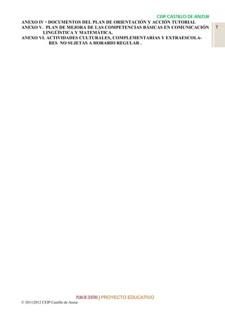 CEIP CASTILLO DE ANZUR
ANEXO IV  DOCUMENTOS DEL PLAN DE ORIENTACIÓN Y ACCIÓN TUTORIAL
ANEXO V. PLAN DE MEJORA DE LAS COMPETENCIAS BÁSICAS EN COMUNICACIÓN       7
        LINGÚÍSTICA Y MATEMÁTICA.
ANEXO VI. ACTIVIDADES CULTURALES, COMPLEMENTARIAS Y EXTRAESCOLA-
           RES NO SUJETAS A HORARIO REGULAR .




                                 PLAN DE CENTRO | PROYECTO EDUCATIVO
© 2011|2012 CEIP Castillo de Anzur
 