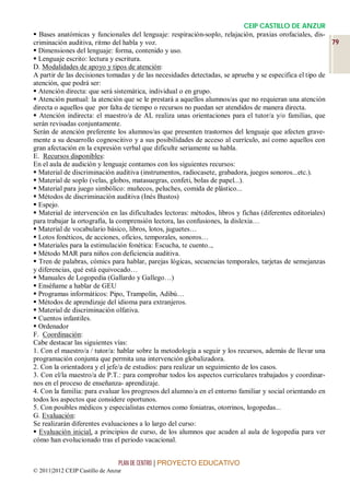 CEIP CASTILLO DE ANZUR
 Bases anatómicas y funcionales del lenguaje: respiración-soplo, relajación, praxias orofaciales, dis-
criminación auditiva, ritmo del habla y voz.                                                               79
 Dimensiones del lenguaje: forma, contenido y uso.
 Lenguaje escrito: lectura y escritura.
D. Modalidades de apoyo y tipos de atención:
A partir de las decisiones tomadas y de las necesidades detectadas, se aprueba y se especifica el tipo de
atención, que podrá ser:
 Atención directa: que será sistemática, individual o en grupo.
 Atención puntual: la atención que se le prestará a aquellos alumnos/as que no requieran una atención
directa o aquellos que por falta de tiempo o recursos no puedan ser atendidos de manera directa.
 Atención indirecta: el maestro/a de AL realiza unas orientaciones para el tutor/a y/o familias, que
serán revisadas conjuntamente.
Serán de atención preferente los alumnos/as que presenten trastornos del lenguaje que afecten grave-
mente a su desarrollo cognoscitivo y a sus posibilidades de acceso al currículo, así como aquellos con
gran afectación en la expresión verbal que dificulte seriamente su habla.
E. Recursos disponibles:
En el aula de audición y lenguaje contamos con los siguientes recursos:
 Material de discriminación auditiva (instrumentos, radiocasete, grabadora, juegos sonoros...etc.).
 Material de soplo (velas, globos, matasuegras, confeti, bolas de papel...).
 Material para juego simbólico: muñecos, peluches, comida de plástico...
 Métodos de discriminación auditiva (Inés Bustos)
 Espejo.
 Material de intervención en las dificultades lectoras: métodos, libros y fichas (diferentes editoriales)
para trabajar la ortografía, la comprensión lectora, las confusiones, la dislexia…
 Material de vocabulario básico, libros, lotos, juguetes…
 Lotos fonéticos, de acciones, oficios, temporales, sonoros…
 Materiales para la estimulación fonética: Escucha, te cuento..,
 Método MAR para niños con deficiencia auditiva.
 Tren de palabras, cómics para hablar, parejas lógicas, secuencias temporales, tarjetas de semejanzas
y diferencias, qué está equivocado…
 Manuales de Logopedia (Gallardo y Gallego…)
 Enséñame a hablar de GEU
 Programas informáticos: Pipo, Trampolín, Adibú…
 Métodos de aprendizaje del idioma para extranjeros.
 Material de discriminación olfativa.
 Cuentos infantiles.
 Ordenador
F. Coordinación:
Cabe destacar las siguientes vías:
1. Con el maestro/a / tutor/a: hablar sobre la metodología a seguir y los recursos, además de llevar una
programación conjunta que permita una intervención globalizadora.
2. Con la orientadora y el jefe/a de estudios: para realizar un seguimiento de los casos.
3. Con el/la maestro/a de P.T.: para comprobar todos los aspectos curriculares trabajados y coordinar-
nos en el proceso de enseñanza- aprendizaje.
4. Con la familia: para evaluar los progresos del alumno/a en el entorno familiar y social orientando en
todos los aspectos que considere oportunos.
5. Con posibles médicos y especialistas externos como foniatras, otorrinos, logopedas...
G. Evaluación:
Se realizarán diferentes evaluaciones a lo largo del curso:
 Evaluación inicial, a principios de curso, de los alumnos que acuden al aula de logopedia para ver
cómo han evolucionado tras el periodo vacacional.


                                 PLAN DE CENTRO | PROYECTO EDUCATIVO
© 2011|2012 CEIP Castillo de Anzur
 