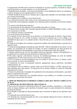 CEIP CASTILLO DE ANZUR
 Agrupamientos flexibles para la atención al alumnado en un grupo específico, facilitando la integra-
ción del alumnado en su grupo ordinario y no su discriminación.                                          89
 Desdoblamientos de grupos en las áreas instrumentales, con la finalidad de reforzar sus enseñanzas,
o refuerzo en grupo con un segundo profesor/a en el aula.
 Modelo flexible de horario lectivo semanal, que se seguirá para responder a las necesidades educati-
vas concretas del alumnado.
 Las medidas que se establecen a nivel tutorial serán:
 La evaluación inicial para saber cuáles son los conocimientos previos del alumno/a.
 El desarrollo de las propuestas recogidas en los diferentes planes contenidos en el Proyecto Educati-
vo.
 La atención individualizada al alumno/a.
 La programación de aula adaptada a las necesidades detectadas en el grupo.
 El apoyo tutorial al grupo clase, haciendo especial hincapié en trabajar habilidades sociales y cogni-
tivas y pautas para el estudio.
 La evaluación continua y diversificada.
 La acción tutorial con las familias.
 Un segundo nivel de intervención con el alumno/a es el del profesorado de refuerzo. Supone deter-
minar qué alumnos/as van a recibir el refuerzo, concretar los contenidos que se van a trabajar y las
modalidad de apoyo que se va a adoptar (dentro o fuera del aula, previo o posterior a las actividades
del aula).
 Cuando las necesidades de un alumno/a requieren de medidas más individualizadas se procede de la
siguiente forma:
 Evaluación psicopedagógica realizada por parte del EOE. Todas las demandas de los tutores, en este
sentido, son canalizadas por la Jefatura de Estudios. El tutor/a cumplimenta una ficha protocolo de
demanda de diagnóstico psicopedagógico y documento de aceptación por parte de la familia.
 Aquellos alumnos/as que, por sus necesidades educativas especiales, requieren ACI(significativa o
no significativa) se realizan por parte del profesor/a especialista de P.T.
 Para poder organizar correctamente el proceso de enseñanza-aprendizaje, así como las medidas
compensatorias, el Centro tiene previstos tres niveles de coordinación:
 ETCP. Se toman los acuerdos pedagógicos que van a dirigir la vida del Centro y se valoran y modi-
fican si procede. Se convoca mensualmente.
 Coordinación de ciclos. Se programan refuerzos, agrupaciones, apoyos específicos, actividades
complementarias, etc.
 Coordinación entre los refuerzos y apoyos. Junto con el Jefe de Estudios y el EOE, valoran las me-
didas adoptadas para cada alumno y la adecuación de las mismas, también se valoran las demandas
realizadas por los tutores.
 Claustro de profesorado. Encargado de la aprobación de los documentos institucionales y que deter-
minan la organización del Centro.
 Consejo escolar. Representa a la comunidad educativa y que colabora y se coordina con servicios,
instituciones y asociaciones del entorno.

3. TIPOS DE PROGRAMAS O MEDIDAS CURRICULARES QUE TIENEN CABIDA EN ES-
TE PLAN
3.1. PROGRAMA DE REFUERZO DE ÁREAS BÁSICAS
 Tiene como fin asegurar los aprendizajes básicos de lengua castellana, matemáticas y, si hay dispo-
sición, de lengua extranjera, que le permitan al alumnado seguir con aprovechamiento las enseñanzas
de educación primaria.
 Está dirigido al alumnado de educación primaria que se encuentre en alguna de las siguientes situa-
ciones:
 El alumnado que no promociona de curso.
 El alumnado que, aun promocionando de curso, no ha superado algunas de las áreas o materias ins-
trumentales del curso anterior.

                                 PLAN DE CENTRO | PROYECTO EDUCATIVO
© 2011|2012 CEIP Castillo de Anzur
 