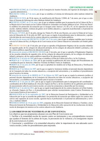 CEIP CASTILLO DE ANZUR
DECRETO 42/2002, de 12 de febrero, de la Consejería de Asuntos Sociales, del régimen de desamparo, tutela
y guarda administrativa.                                                                                             98
DECRETO 3/2004, de 7 de enero, por el que se establece el sistema de información sobre maltrato infantil de
Andalucía.
DECRETO 81/2010, de 30 de marzo, de modificación del Decreto 3/2004, de 7 de enero, por el que se esta-
blece el Sistema de Información sobre Maltrato Infantil de Andalucía.
DECRETO 19/2007, de 23 de enero, por el que se adoptan medidas para la promoción de la Cultura de Paz y
la Mejora de la Convivencia en los Centros Educativos sostenidos con fondos públicos (el art. 34 de este Decre-
to establece los protocolos de actuación que se recogen como Anexos I, II, III y IV, en los supuestos de acoso
escolar, maltrato infantil, violencia de género en el ámbito educativo, y agresión al profesorado o el personal no
docente, respectivamente).
El Decreto 327/2010, de 13 de julio, deroga los Títulos II y III de este Decreto, así como la Orden de la Conse-
jería de Educación de 18 de julio de 2007, por la que se regula el procedimiento para la elaboración y aproba-
ción del plan de convivencia de los centros educativos sostenidos con fondos públicos.
Corrección de errores del DECRETO 19/2007, de 23 de enero, por el que se adoptan medidas para la promo-
ción de la Cultura de Paz y la Mejora de la Convivencia en los Centros Educativos sostenidos con fondos públi-
cos.
DECRETO 328/2010, de 13 de julio, por el que se aprueba el Reglamento Orgánico de las escuelas infantiles
de segundo grado, de los colegios de educación primaria, de los colegios de educación infantil y primaria, y de
los centros públicos específicos de educación especial.
Corrección de errores al DECRETO 328/2010, de 13 de julio, por el que se aprueba el Reglamento Orgánico
de las escuelas infantiles de segundo ciclo, de los colegios de educación primaria, de los colegios de educación
infantil y primaria y de los centros públicos específicos de educación especial.
ORDEN de 25 de julio de 2002 por la que se establece el Plan de Cultura de la Paz y la No Violencia.
ORDEN de 11 de febrero de 2004, por la que acuerda la publicación del texto íntegro del Procedimiento de
Coordinación para la Atención a Menores Víctimas de Malos Tratos en Andalucía.
ORDEN de 23 de junio de 2006, por la que se aprueban los modelos de la Hoja de Detección y Notificación
del Maltrato Infantil.
ORDEN de 27 de febrero de 2007, por la que se regula la Asistencia Jurídica al personal docente dependiente
de la Consejería de todos los niveles educativos, a excepción del universitario, y se establece el procedimiento
para el acceso a la misma.
Corrección de errores de la ORDEN de 27 de febrero de 2007, por la que se regula la asistencia jurídica al
personal docente dependiente de la Consejería de Educación de todos los niveles educativos, a excepción del
universitario, y se establece el procedimiento para el acceso a la misma.
ORDEN de 11 de julio de 2007, por la que se regula el procedimiento para la designación del coordinador o
coordinadora de la Red Andaluza de «Escuela: Espacio de Paz» y de los miembros de los gabinetes provinciales
de asesoramiento sobre la convivencia escolar, así como las actuaciones a desarrollar por los mismos.
ORDEN de 11 de abril de 2011, por la que se regula la participación de los centros docentes en la Red Andalu-
za «Escuela: Espacio de Paz» y el procedimiento para solicitar reconocimiento como Centros Promotores de
Convivencia Positiva (Convivencia+).
RESOLUCIÓN de 26 de septiembre de 2007, de la Dirección General de Participación y Solidaridad en la
Educación por la que se acuerda dar publicidad a los protocolos de actuación que deben seguir los centros edu-
cativos ante supuestos de acoso escolar, agresión hacia el profesorado o el personal de administración y servi-
cios, o maltrato infantil.
INSTRUCCIONES de 10 de junio de 2005, conjuntas de la Dirección General de Infancia y Familias y de la
Dirección General de Participación y Solidaridad en la Educación sobre ejecución de las resoluciones de decla-
ración de desamparo de menores en los centros educativos de Andalucía.

2. LOS OBJETIVOS DE NUESTRO PLAN DE CONVIVENCIA
Los objetivos que nos proponemos alcanzar con este Plan de Convivencia son:
1. Facilitar a la comunidad escolar de nuestro centro un instrumento y sus correspondientes recursos
que ayuden al fomento de la cultura de la paz, la prevención de la violencia y la consiguiente mejora
de la convivencia en el centro.
2. Concienciar y sensibilizar a la comunidad educativa sobre la importancia de una adecuada convi-
vencia escolar y sobre los procedimientos para mejorarla.


                                 PLAN DE CENTRO | PROYECTO EDUCATIVO
© 2011|2012 CEIP Castillo de Anzur
 