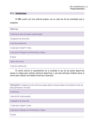 CRA LA MANCHUELA 11
                                                                          Proyecto Educativo

1.4.3. Instalaciones


       El CRA cuenta con tres aularios propios, uno en cada una de las localidades que lo

componen:


Alborea

1 biblioteca-sala de medios audiovisuales.

1 Despacho de dirección.

1 sala de profesores.

6 aulas para impartir clase.

1 aula para el Equipo de Orientación y Apoyo.

5 aseos.

1 patio de recreo.

1 sala de calefacción.

       El centro solicita al Ayuntamiento de la localidad el uso de las pistas deportivas
anexas al colegio para realizar prácticas deportivas, y una sala multiusos también anexa al
centro para realizar actividades artísticas y musicales.




Abengibre: (dispone de dos edificios aunque dado el escaso número de alumnos-as uno de
ellos permanece cerrado)

1 biblioteca.

1 sala de M. Audiovisuales.

1 despacho de dirección.

7 aulas para impartir clase.

1 aula para el Equipo de Orientación y Apoyo.

5 aseos
 