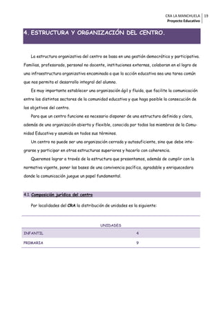 CRA LA MANCHUELA 19
                                                                            Proyecto Educativo


4. ESTRUCTURA Y ORGANIZACIÓN DEL CENTRO.



   La estructura organizativa del centro se basa en una gestión democrática y participativa.

Familias, profesorado, personal no docente, instituciones externas, colaboran en el logro de

una infraestructura organizativa encaminada a que la acción educativa sea una tarea común

que nos permita el desarrollo integral del alumno.

   Es muy importante establecer una organización ágil y fluida, que facilite la comunicación

entre los distintos sectores de la comunidad educativa y que haga posible la consecución de

los objetivos del centro.

   Para que un centro funcione es necesario disponer de una estructura definida y clara,

además de una organización abierta y flexible, conocida por todos los miembros de la Comu-

nidad Educativa y asumida en todos sus términos.

   Un centro no puede ser una organización cerrada y autosuficiente, sino que debe inte-

grarse y participar en otras estructuras superiores y hacerlo con coherencia.

   Queremos lograr a través de la estructura que presentamos, además de cumplir con la

normativa vigente, poner las bases de una convivencia pacífica, agradable y enriquecedora

donde la comunicación juegue un papel fundamental.



4.1. Composición jurídica del centro

   Por localidades del CRA la distribución de unidades es la siguiente:



                                         UNIDADES

INFANTIL                                                   4

PRIMARIA                                                   9
 