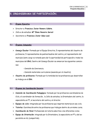 CRA LA MANCHUELA 21
                                                                                Proyecto Educativo


5. ORGANIGRAMA DE PARTICIPACIÓN.



5.1.      Órgano Ejecutivo

        Director-a: Francisco Javier Romero Cañete.

        Jefa-e de estudios: Mª Elena Navarro Servat

        Secretario-a: Francisco Javier Sáez Leal.




5.2.      Órganos Colegiados


        Consejo Escolar: Formado por el Equipo Directivo, 5 representantes del claustro de

          profesores, 5 representantes de padres/madres del centro y el representante del

          municipio (este cargo va rotando para dar la oportunidad de participación a todos los

          municipios del CRA). Dentro del Consejo Escolar se enmarcan las siguientes comisio-

          nes:

                    - Comisión de Convivencia.

                    - Comisión materiales curriculares (asumida por el claustro).

        Claustro de profesores: Formado por la totalidad de los profesores que desarrollan

          su trabajo en el CRA.




5.3.      Órganos de Coordinación Docente

        Comisión de Coordinación Pedagógica: formado por los profesores coordinadores de

          Ciclo, el coordinador de formación, la Jefa de estudios, la Orientadora del centro, la

          especialista en PT, el secretario del centro y el director.

        Equipos de ciclo: integrados por los profesores que imparten materias en ese ciclo.

        Tutorías: Coordinación entre los profesores que trabajan dentro de un mismo curso.

        Coordinación de Nivel: Profesorado sin tutoría adscritos a los diferentes ciclos.

        Equipo de Orientación: integrado por la Orientadora, la especialista en PT y del es-

          pecialista en AL (compartido).
 