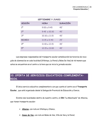 CRA LA MANCHUELA 28
                                                                                Proyecto Educativo




                                 SEPTIEMBRE Y JUNIO
             SESIÓN                    HORA                 DURACIÓN

             1ª                        9:00 a 9:45          45´

             2ª                        9:45 a 10:30         45´

             3ª                        10:30 a 11:15        45´

             RECREO                    11:15 a 11:40        25´

             4ª                        11:40 a 12:15        45´

             5ª                        12:15 a 13:00        45´



       Las empresas responsables del transporte escolar establecerán los horarios de reco-

gida de alumnos/as en cada localidad (Villatoya, La Pared y Balsa De Ves) de tal manera que

estos se encuentren en el centro a la hora que se inicia la jornada escolar.




10. OFERTA DE SERVICIOS EDUCATIVOS COMPLEMENTA-
RIOS.


       El único servicio educativo complementario con que cuenta el centro es el Transporte

Escolar, que está organizado desde la Delegación Provincial de Educación y Ciencia.



       Existen dos localidades dentro de nuestro centro, el CRA “La Manchuela” de Alborea,

que tienen transporte escolar:



           Alborea, con ruta en Villatoya y Cilanco.


           Casas de Ves, con ruta en Balsa de Ves, Villa de Ves y la Pared.
 