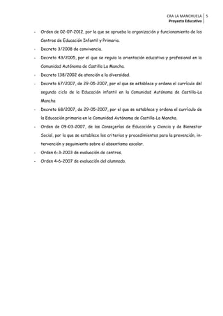 CRA LA MANCHUELA 5
                                                                        Proyecto Educativo

-   Orden de 02-07-2012, por la que se aprueba la organización y funcionamiento de los

    Centros de Educación Infantil y Primaria.

-   Decreto 3/2008 de convivencia.

-   Decreto 43/2005, por el que se regula la orientación educativa y profesional en la

    Comunidad Autónoma de Castilla La Mancha.

-   Decreto 138/2002 de atención a la diversidad.

-   Decreto 67/2007, de 29-05-2007, por el que se establece y ordena el currículo del

    segundo ciclo de la Educación infantil en la Comunidad Autónoma de Castilla-La

    Mancha

-   Decreto 68/2007, de 29-05-2007, por el que se establece y ordena el currículo de

    la Educación primaria en la Comunidad Autónoma de Castilla-La Mancha.

-   Orden de 09-03-2007, de las Consejerías de Educación y Ciencia y de Bienestar

    Social, por la que se establece los criterios y procedimientos para la prevención, in-

    tervención y seguimiento sobre el absentismo escolar.

-   Orden 6-3-2003 de evaluación de centros.

-   Orden 4-6-2007 de evaluación del alumnado.
 