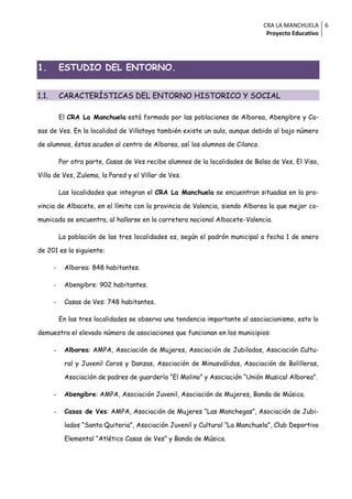 CRA LA MANCHUELA 6
                                                                                Proyecto Educativo




1.         ESTUDIO DEL ENTORNO.


1.1.       CARACTERÍSTICAS DEL ENTORNO HISTORICO Y SOCIAL

           El CRA La Manchuela está formado por las poblaciones de Alborea, Abengibre y Ca-

sas de Ves. En la localidad de Villatoya también existe un aula, aunque debido al bajo número

de alumnos, éstos acuden al centro de Alborea, así los alumnos de Cilanco.

           Por otra parte, Casas de Ves recibe alumnos de la localidades de Balsa de Ves, El Viso,

Villa de Ves, Zulema, la Pared y el Villar de Ves.

           Las localidades que integran el CRA La Manchuela se encuentran situadas en la pro-

vincia de Albacete, en el límite con la provincia de Valencia, siendo Alborea la que mejor co-

municada se encuentra, al hallarse en la carretera nacional Albacete-Valencia.

           La población de las tres localidades es, según el padrón municipal a fecha 1 de enero

de 201 es la siguiente:

       -    Alborea: 848 habitantes.

       -    Abengibre: 902 habitantes.

       -    Casas de Ves: 748 habitantes.

           En las tres localidades se observa una tendencia importante al asociacionismo, esto lo

demuestra el elevado número de asociaciones que funcionan en los municipios:

       -    Alborea: AMPA, Asociación de Mujeres, Asociación de Jubilados, Asociación Cultu-

            ral y Juvenil Coros y Danzas, Asociación de Minusválidos, Asociación de Bolilleras,

            Asociación de padres de guardería “El Molino” y Asociación “Unión Musical Alborea”.

       -    Abengibre: AMPA, Asociación Juvenil, Asociación de Mujeres, Banda de Música.

       -    Casas de Ves: AMPA, Asociación de Mujeres “Las Manchegas”, Asociación de Jubi-

            lados “Santa Quiteria”, Asociación Juvenil y Cultural “La Manchuela”, Club Deportivo

            Elemental “Atlético Casas de Ves” y Banda de Música.
 