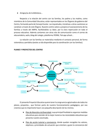 ● Amigos/as de la biblioteca...
Respecto a la relación del centro con las familias, los padres y las madres, como
miembros de la Comunidad Educativa, están representados en los Órganos de gobierno del
Centro, formando parte de Consejo Escolar. Las inquietudes, iniciativas u otras cuestiones se
canalizan a través de este Órgano. Nuestro centro valora y propicia el asociacionismo de las
familias a través del AMPA, facilitándoles su labor, por la clara repercusión en todo el
proceso educativo. Además contamos con otras vías de comunicación como el correo de
educantabria, web y blog del colegio, plataforma YEDRA, Tok app school...
La relación con las familias se materializa mediante el contacto personal, de forma
sistemática y periódica (existe un día disponible para la coordinación con las familias).
PLANES Y PROYECTOS DEL CENTRO
El presente Proyecto Educativo quiere tener la congruencia aglutinadora de todos los
planes, proyectos… que forman parte de nuestro funcionamiento pedagógico, por eso
creemos que es importante hacer una pequeña descripción de los mismos.
● Plan de Atención a la Diversidad, cuya principal finalidad es organizar medidas
educativas para atender de la mejor manera a las necesidades educativas que
presenta nuestro alumnado.
● Plan de acción tutorial y convivencia, donde quedan recogidos los valores,
objetivos y prioridades de actuación que orientan y guían la convivencia del
 