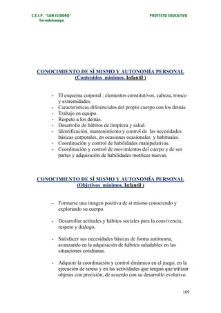 C.E.I.P. “SAN ISIDORO”                                    PROYECTO EDUCATIVO
     Torredelcampo




  CONOCIMIENTO DE SÍ MISMO Y AUTONOMÍA PERSONAL
             (Contenidos mínimos. Infantil )


           - El esquema corporal : elementos constitutivos, cabeza, tronco
             y extremidades.
           - Características diferenciales del propio cuerpo con los demás.
           - Trabajo en equipo.
           - Respeto a los demás.
           - Desarrollo de hábitos de limpieza y salud.
           - Identificación, mantenimiento y control de las necesidades
             básicas corporales, en ocasiones ocasionales y habituales.
           - Coordinación y control de habilidades manipulativas.
           - Coordinación y control de movimientos del cuerpo y de sus
             partes y adquisición de habilidades motrices nuevas.



  CONOCIMIENTO DE SÍ MISMO Y AUTONOMÍA PERSONAL
             (Objetivos mínimos. Infantil )


           - Formarse una imagen positiva de sí mismo conociendo y
             explorando su cuerpo.

           - Desarrollar actitudes y hábitos sociales para la convivencia,
             respeto y diálogo.

           - Satisfacer sus necesidades básicas de forma autónoma,
             avanzando en la adquisición de hábitos saludables en las
             situaciones cotidianas.

           - Adquirir la coordinación y control dinámico en el juego, en la
             ejecución de tareas y en las actividades que tengan que utilizar
             objetos con precisión, de acuerdo con su desarrollo evolutivo.


                                                                             109
 