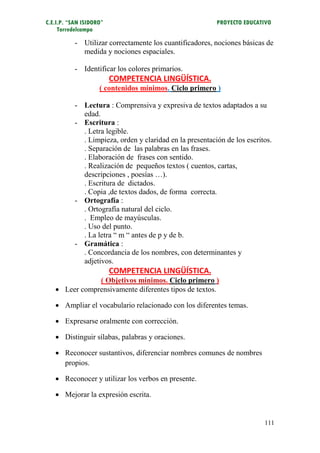 C.E.I.P. “SAN ISIDORO”                                    PROYECTO EDUCATIVO
     Torredelcampo

           - Utilizar correctamente los cuantificadores, nociones básicas de
             medida y nociones espaciales.

           - Identificar los colores primarios.
                         COMPETENCIA LINGÜÍSTICA.
                    ( contenidos mínimos. Ciclo primero )

           - Lectura : Comprensiva y expresiva de textos adaptados a su
             edad.
           - Escritura :
             . Letra legible.
             . Limpieza, orden y claridad en la presentación de los escritos.
             . Separación de las palabras en las frases.
             . Elaboración de frases con sentido.
             . Realización de pequeños textos ( cuentos, cartas,
             descripciones , poesías …).
             . Escritura de dictados.
             . Copia ,de textos dados, de forma correcta.
           - Ortografía :
             . Ortografía natural del ciclo.
             . Empleo de mayúsculas.
             . Uso del punto.
             . La letra “ m “ antes de p y de b.
           - Gramática :
             . Concordancia de los nombres, con determinantes y
             adjetivos.
                         COMPETENCIA LINGÜÍSTICA.
               ( Objetivos mínimos. Ciclo primero )
    Leer comprensivamente diferentes tipos de textos.

    Ampliar el vocabulario relacionado con los diferentes temas.

    Expresarse oralmente con corrección.

    Distinguir sílabas, palabras y oraciones.

    Reconocer sustantivos, diferenciar nombres comunes de nombres
     propios.

    Reconocer y utilizar los verbos en presente.

    Mejorar la expresión escrita.


                                                                          111
 