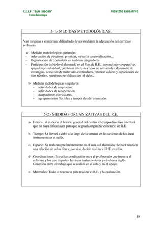 C.E.I.P. “SAN ISIDORO”                                              PROYECTO EDUCATIVO
     Torredelcampo



                     5-1.- MEDIDAS METODOLÓGICAS.

Van dirigidas a compensar dificultades leves mediante la adecuación del currículo
ordinario.

 a-   Medidas metodológicas generales:
 -    Adecuación de objetivos: priorizar, variar la temporalización…
 -    Organización de contenidos en ámbitos integradores.
 -    Participación del todo el alumnado en el Plan de R.E. : aprendizaje cooperativo,
      aprendizaje individual, combinar diferentes tipos de actividades, desarrollo de
      estrategias, selección de materiales curriculares, reforzar valores y capacidades de
      tipo afectivo, reuniones periódicas con el ciclo…

   b- Medidas metodológicas singulares:
      - actividades de ampliación.
      - actividades de recuperación.
      - adaptaciones curriculares.
      - agrupamientos flexibles y temporales del alumnado.



                5-2.- MEDIDAS ORGANIZATIVAS DEL R.E.

   a- Horario: al elaborar el horario general del centro, el equipo directivo intentará
      que no haya dificultades para que se pueda organizar el horario de R.E.

   b- Tiempo: Se llevará a cabo a lo largo de la semana en las sesiones de las áreas
      instrumentales e inglés.

   c- Espacio: Se realizará preferentemente en el aula del alumnado. Se hará también
      una relación de aulas libres, por si se decide realizar el R.E. en ellas.

   d- Coordinaciones: Estrecha coordinación entre el profesorado que imparte el
      refuerzo y los que imparten las áreas instrumentales y el idioma inglés.
      Conexión entre el trabajo que se realiza en el aula y en el apoyo.

   e- Materiales: Todo lo necesario para realizar el R.E. y la evaluación.




                                                                                          18
 