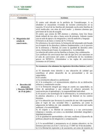 C.E.I.P. “SAN ISIDORO”                                         PROYECTO EDUCATIVO
        Torredelcampo


PLAN DE CONVIVENCIA.
      Contenidos                                          Acciones

                            El centro está ubicado en la periferia de Torredelcampo. A su
                            alrededor se encuentran viviendas de reciente construcción en su
                            mayoría. El nivel de las familias del alumnado oscila entre familias de
                            nivel medio-alto, con otras de nivel medio y alumnos alumnas que
                            provienen de la casa de acogida.
                            El centro, que consta de 680 alumnos y alumnas, tiene tres líneas
                            desde infantil de tres años a hasta sexto de primaria. Además cuenta
     Diagnóstico del       con un aula de apoyo a la integración y otra de audición y lenguaje.
      estado de             El horario es de lunes a viernes de 9 a 14 horas.
      convivencia .         En referencia a la convivencia, la formación del alumnado está basada
                            en el respeto de los derechos y deberes fundamentales y en el ejercicio
                            de la tolerancia y libertad, así como la igualdad de derechos entre
                            sexos, formación por la paz, la cooperación y la solidaridad.
                            La relación del centro con las familias es buena y hay colaboración.
                            Los conflictos de convivencia han sido de tipo leve con sanciones en
                            el aula de convivencia del centro y notificación de los incidentes
                            graves en SENECA. (Ateniéndose a las reglas de convivencia
                            existentes en el Centro).

                            Se reconocen a los alumnos los siguientes derechos básicos ( art.3 )

                            a) El alumnado tiene derecho a una educación de calidad que
                            contribuya al pleno desarrollo de su personalidad y de sus
                            capacidades.
                            b) El estudio.
                            c) La orientación educativa y profesional.
                            d) A la evaluación y el reconocimiento objetivos de su dedicación,
        Derechos del       esfuerzo y rendimiento escolar.
           alumnado.        e) A la formación integral que tenga en cuenta sus capacidades, su
      ( Decreto 328/2010    ritmo de aprendizaje y que estimule el esfuerzo personal, la
        de 15 de julio )    motivación por el aprendizaje y la responsabilidad individual.
                            f) Al acceso a las tecnologías de la información y la comunicación en
                            la práctica educativa y el uso seguro de Internet en los centros
                            docentes.
                            g) A la educación que favorezca la asunción de una vida responsable
                            para el logro de una sociedad libre e igualitaria, así como la
                            adquisición de hábitos de vida saludable, la conservación del medio
                            ambiente y la sostenibilidad.
                            h) Al respeto a su libertad de conciencia y a sus convicciones
                            religiosas y morales, así como a su identidad, intimidad, integridad y
                            dignidad personales.
                            i) A la igualdad de oportunidades y de trato, mediante el desarrollo de
                            políticas educativas de integración y compensación.

                            j) A la accesibilidad y permanencia en el sistema educativo, en los
                            términos previstos en el art.7.2 de la Ley 17/2007 de 10 de diciembre.
                            k) A la libertad de expresión y de asociación, así como de reunión en
                                                                                       46
 