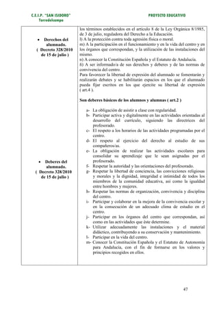 C.E.I.P. “SAN ISIDORO”                                         PROYECTO EDUCATIVO
     Torredelcampo

                         los términos establecidos en el artículo 8 de la Ley Orgánica 8/1985,
                         de 3 de julio, reguladora del Derecho a la Educación.
    Derechos del        l) A la protección contra toda agresión física o moral.
       alumnado.         m) A la participación en el funcionamiento y en la vida del centro y en
  ( Decreto 328/2010     los órganos que correspondan, y la utilización de las instalaciones del
    de 15 de julio )     mismo.
                         n) A conocer la Constitución Española y el Estatuto de Andalucía.
                         ñ) A ser informado/a de sus derechos y deberes y de las normas de
                         convivencia del centro.
                         Para favorecer la libertad de expresión del alumnado se fomentarán y
                         realizarán debates y se habilitarán espacios en los que el alumnado
                         pueda fijar escritos en los que ejercite su libertad de expresión
                         ( art.4 ).

                         Son deberes básicos de los alumnos y alumnas ( art.2 )

                            a- La obligación de asistir a clase con regularidad.
                            b- Participar activa y digitalmente en las actividades orientadas al
                               desarrollo del currículo, siguiendo las directrices del
                               profesorado.
                            c- El respeto a los horarios de las actividades programadas por el
                               centro.
                            d- El respeto al ejercicio del derecho al estudio de sus
                               compañeros/as.
                            e- La obligación de realizar las actividades escolares para
                               consolidar su aprendizaje que le sean asignadas por el
      Deberes del             profesorado.
        alumnado.           f- Respetar la autoridad y las orientaciones del profesorado.
  ( Decreto 328/2010        g- Respetar la libertad de conciencia, las convicciones religiosas
     de 15 de julio )          y morales y la dignidad, integridad e intimidad de todos los
                               miembros de la comunidad educativa, así como la igualdad
                               entre hombres y mujeres.
                            h- Respetar las normas de organización, convivencia y disciplina
                               del centro.
                            i- Participar y colaborar en la mejora de la convivencia escolar y
                               en la consecución de un adecuado clima de estudio en el
                               centro.
                            j- Participar en los órganos del centro que correspondan, así
                               como en las actividades que éste determine.
                            k- Utilizar adecuadamente las instalaciones y el material
                               didáctico, contribuyendo a su conservación y mantenimiento.
                            l- Participar en la vida del centro.
                            m- Conocer la Constitución Española y el Estatuto de Autonomía
                               para Andalucía, con el fin de formarse en los valores y
                               principios recogidos en ellos.




                                                                                   47
 