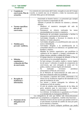 C.E.I.P. “SAN ISIDORO”                                           PROYECTO EDUCATIVO
     Torredelcampo

   Comisión de            La comisión de convivencia del Centro, recogida en acta del Consejo
    convivencia. Plan de   escolar, se reunirá una vez al trimestre y todas las necesarias para
    actuación.             solventar faltas graves del alumnado.

                                      Funcionará en horario lectivo y se procurará que siempre
                                      haya un maestro/a responsable de ella.
                                      -Durante el periodo de reflexión los alumnos y alumnas
                                      deberán :
   Normas específicas                - Obedecer al maestro/a encargado del aula de
    del aula de                           convivencia.
    convivencia.                      - Permanecer en silencio realizando las tareas
                                          encomendadas por su tutor/a o maestro/a.
                                      - Realización de actividades encaminadas a facilitar la
                                          integración y participación del alumnado.
                                      - Actividades dirigidas a favorecer la relación de la
                                          familia y el Centro educativo.
                                      - Actividades dirigidas a la sensibilización ante casos de
   Medidas para                          acoso e intimidación.
    prevenir conflictos.              - Actividades dirigidas a la sensibilización de la
                                          comunidad educativa en referencia a la igualdad entre
                                          hombres y mujeres.
                                      - Medidas de carácter organizativo que posibiliten la
                                          vigilancia de los espacios y tiempos considerados de
                                          riesgo; recreos, entradas y salidas del Centro…
                                      - El equipo directivo se encargará de difundir el Plan de
   Difusión,                             convivencia en la comunidad educativa.
    seguimiento y                     - Se hará entrega a los padres, madres o tutores legales
    evaluación del Plan                   de del anexo 1 referente al modelo de compromiso de
    de convivencia.                       convivencia, que será entregado al centro por los
                                          padres, madres o tutores legales del alumnado.
                                      - Se           realizarán        revisiones       periódicas
                                          (trimestrales) al Plan de convivencia.
                                      - En la Memoría de Autoevaluación de cada curso se
                                          hará una evaluación sobre los resultados
                                      - Las maestras y maestros del Centro, informarán a los
   Recogida de                           tutores de las incidencias negativas del alumnado en el
    incidencias e                         parte de incidencias de aula.
    información.                      - Las tutoras y tutores entregarán los informes de
                                          incidencias al jefe de estudios.
                                      - El jefe de estudios dará información de las faltas de
                                          grave perjuicio para la convivencia a los padres,
                                          madres, o tutores legales del alumnado
                                      - Los informes de incidencias se guardarán en el Centro
                                          y se introducirán en el programa SENECA.
                                 Los delegados/as de aula que habrán sido democráticamente
                           elegidos por sus compañeros y compañeras , tendrán estas funciones:
   Funciones de los                  - Informar al tutor/a de los sucesos que puedan ocurrir en
    delegados/as de                       el aula durante el periodo de cambio de clase por parte
    aula.                                 de los maestros y maestras.
                                      - Comunicar al tutor/a cualquier problema que pueda

                                                                                     50
 