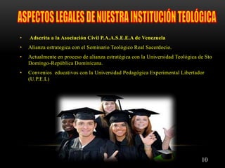 10
• Adscrita a la Asociación Civil P.A.A.S.E.E.A de Venezuela
• Alianza estrategica con el Seminario Teológico Real Sacerdocio.
• Actualmente en proceso de alianza estratégica con la Universidad Teológica de Sto
Domingo-República Dominicana.
• Convenios educativos con la Universidad Pedagógica Experimental Libertador
(U.P.E.L)
 