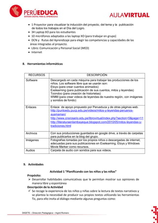  1 Proyector para visualizar la inducción del proyecto, del tema y la publicación
de todos los trabajos en el Día del Logro.

 34 Laptop XO para los estudiantes
 10 micrófonos adaptados a las laptop XO (para trabajar en grupo)
 DCN y Rutas del Aprendizaje para elegir las competencias y capacidades de las
áreas integradas al proyecto.
 Libro: Comunicación y Personal Social (MED)
 Internet

8. Herramientas informáticas

RECURSOS

DESCRIPCIÓN

Software

Descargado en cada máquina para trabajar las producciones de los
niños. Los software libre que se usarán son:
Etoys (para crear cuentos animados)
Exelearning (para publicación de sus cuentos, mitos y leyendas)
Toondoo (para creación de historietas)
WMM (para crear videos de leyendas de nuestra región, con imágenes
y sonidos de fondo)

Enlaces

Enlace de apoyo propuesto por Perueduca y de otras páginas web.
http://puntoedu.pucp.edu.pe/videos/mitos-y-leyendas-peruanosayamaman/
http://www.cnsrosario.edu.pe/librovirtual/index.php?section=5&page=11
http://literaturaenlambayeque.blogspot.com/2010/05/mitos-leyendas-ytradiciones.html

Archivos

Con sus producciones guardados en google drive, a través de carpetas
para publicarlos en la blog del grupo.
Fotografías tomadas por los propios niños o descargadas de internet,
adecuadas para sus publicaciones en Exelearning, Etoys y Windows
Movie Marker como recursos.
Carpeta de audio con sonidos para sus videos.

Imágenes

Audios

9. Actividades
Actividad 1 “Planificando con los niños y las niñas”
Propósito:
 Desarrollar habilidades comunicativas que le permitan mostrar sus opiniones de
manera libre y espontánea
Descripción de la Actividad
 Se recoge la experiencia de los niños y niñas sobre la lectura de textos narrativos y
se plantea la necesidad de producir sus propios textos utilizando las herramientas
Tic, para ello invita al diálogo mediante algunas preguntas como:

DIGETE – Dirección Pedagógica – Ingrid Romero

 