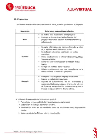 11. Evaluación
 Criterios de evaluación de los estudiantes antes, durante y al finalizar el proyecto.
Momentos

Criterios de evaluación estudiantes



Se motiva para involucrarse en el proyecto
Participa activamente en la planificación del
proyecto aportando ideas de manera coherente y
cohesionada.



Recopila información de cuentos, leyendas y mitos
de la región a través de fuentes orales.
Redacta con coherencia y cohesión sus textos
narrativos.
Utiliza creativamente el software Exelearning, Etoys,
Toondoo y WMM
Existe una secuencia lógica en la creación de sus
textos.
Corrige sus escritos, edita y publica.
Colabora activamente con sus compañeros en la
elaboración de su historieta y el video.

Antes


Durante






Después





Comparte su trabajo con alegría y entusiasmo
Expone su trabajo con seguridad.
Registra el cumplimiento de las actividades y
responsabilidades asumidas en el proyecto a través
de fichas de autoevaluación, coevaluación y para el
trabajo en equipo a través de una rúbrica.

 Criterios de evaluación del proyecto en general.
 Puntualidad y responsabilidad en las actividades programadas
 Elaboración de trabajos de manera creativa.
 Participación activa en las actividades tanto de estudiantes como de padres de
familia.
 Uso y manejo de las TIC, con interés y motivación.

DIGETE – Dirección Pedagógica – Ingrid Romero

 