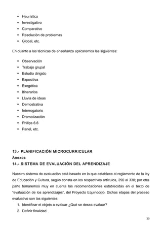  Heurístico
    Investigativo
    Comparativo
    Resolución de problemas
    Global, etc.

En cuanto a las técnicas de enseñanza aplicaremos las siguientes:

    Observación
    Trabajo grupal
    Estudio dirigido
    Expositiva
    Exegética
    Itinerarios
    Lluvia de ideas
    Demostrativa
    Interrogatorio
    Dramatización
    Philips 6.6
    Panel, etc.




13.- PLANIFICACIÓN MICROCURRICULAR
Anexos
14.- SISTEMA DE EVALUACIÓN DEL APRENDIZAJE

Nuestro sistema de evaluación está basado en lo que establece el reglamento de la ley
de Educación y Cultura, según consta en los respectivos artículos, 290 al 330; por otra
parte tomaremos muy en cuenta las recomendaciones establecidas en el texto de
“evaluación de los aprendizajes”, del Proyecto Equinoccio. Dichas etapas del proceso
evaluativo son las siguientes:
   1. Identificar el objeto a evaluar ¿Qué se desea evaluar?
   2. Definir finalidad.

                                                                                     30
 