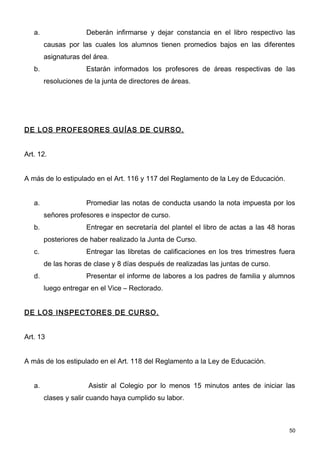 a.                Deberán infirmarse y dejar constancia en el libro respectivo las
        causas por las cuales los alumnos tienen promedios bajos en las diferentes
        asignaturas del área.
   b.                Estarán informados los profesores de áreas respectivas de las
        resoluciones de la junta de directores de áreas.




DE LOS PROFESORES GUÍAS DE CURSO.


Art. 12.


A más de lo estipulado en el Art. 116 y 117 del Reglamento de la Ley de Educación.


   a.                Promediar las notas de conducta usando la nota impuesta por los
        señores profesores e inspector de curso.
   b.                Entregar en secretaría del plantel el libro de actas a las 48 horas
        posteriores de haber realizado la Junta de Curso.
   c.                Entregar las libretas de calificaciones en los tres trimestres fuera
        de las horas de clase y 8 días después de realizadas las juntas de curso.
   d.                Presentar el informe de labores a los padres de familia y alumnos
        luego entregar en el Vice – Rectorado.


DE LOS INSPECTORES DE CURSO.


Art. 13


A más de los estipulado en el Art. 118 del Reglamento a la Ley de Educación.


   a.                 Asistir al Colegio por lo menos 15 minutos antes de iniciar las
        clases y salir cuando haya cumplido su labor.



                                                                                       50
 