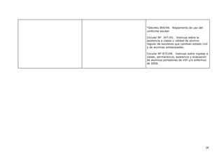 18
*Decreto 894/94. Reglamento de uso del
uniforme escolar
Circular Nº 247191. Instruye sobre la
asistencia a clases y calidad de alumno
regular de escolares que cambian estado civil
y de alumnas embarazadas.
Circular Nº 875194. Instruye sobre ingreso a
clases, permanencia, asistencia y evaluación
de alumnos portadores de VIH y/o enfermos
de SIDA.
 