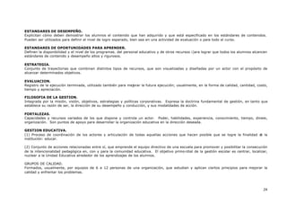 24
ESTANDARES DE DESEMPEÑO.
Explicitan cómo deben demostrar los alumnos el contenido que han adquirido y que está especificado en los estándares de contenidos.
Pueden ser utilizados para definir el nivel de logro esperado, bien sea en una actividad de evaluación o para todo el curso.
ESTANDARES DE OPORTUNIDADES PARA APRENDER.
Definen la disponibilidad y el nivel de los programas. del personal educativo y de otros recursos ¡)ara lograr que todos los alumnos alcancen
estándares de contenido y desempeño altos y rigurosos.
ESTRATEGIA.
Conjunto de trayectorias que combinan distintos tipos de recursos, que son visualizadas y diseñadas por un actor con el propósito de
alcanzar determinados objetivos.
EVALUACION.
Registro de la ejecución terminada, utilizado también para mejorar la futura ejecución; usualmente, en la forma de calidad, cantidad, costo,
tiempo y apreciación.
FILOSOFIA DE LA GESTION.
Integrada por la misión, visión, objetivos, estrategias y políticas corporativas. Expresa la doctrina fundamental de gestión, en tanto que
establece su razón de ser, la dirección de su desempeño y conducción, y sus modalidades de acción.
FORTALEZAS.
Capacidades y recursos variados de los que dispone y controla un actor. Poder, habilidades, experiencia, conocimiento, tiempo, dinero,
organización. Son puntos de apoyo para desarrollar la organización educativa en la dirección deseada.
GESTION EDUCATIVA.
(1) Proceso de coordinación de los actores y articulación de todas aquellas acciones que hacen posible que se logre la finalidad de la
institución: educar.
(2) Conjunto de acciones relacionadas entre sí, que emprende el equipo directivo de una escuela para promover y posibilitar la consecución
de la intencionalidad pedagógica en, con y para la comunidad educativa. El objetivo primo rdial de la gestión escolar es centrar, localizar,
nuclear a la Unidad Educativa alrededor de los aprendizajes de los alumnos.
GRUPOS DE CALIDAD.
Formados, usualmente, por equipos de 6 a 12 personas de una organización, que estudian y aplican ciertos principios para mejorar la
calidad y enfrentar los problemas.
 