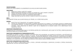 25
INCERTIDUMBRE.
Ausencia de certeza respecto a la probabilidad de ocurrencia de determinados eventos.
INDICADOR.
(1) Señal que se recoge o recibe de la realidad.
(2) Medida utilizada para demostrar el cambio o el resultado de un plan, proyecto o programa.
(3) Criterios que permiten contrastar el cumplimiento de los objetivos.
(4) Parámetro que permite medir una característica determinada.
(5) Rasgo observable que permite verificar el estado de avance de los objetivos.
META.
Nivel esperado de logro que se quiere alcanzar por indicador, en un determinado periodo.
MISION.
(1) Razón de ser de la organización, con propósitos a largo plazo.
(2) Conjunto de orientaciones que dan sentido al quehacer educacional en lo cotidiano y que permiten proyectar el establecimiento
con proyección de futuro. La misión se sustenta en compromisos de todos los actores, los cuales deben traducirse en acciones
concretas. Tales compromisos se definen a partir de un diagnóstico de la situación actual y de la determinación de las
expectativas futuras.
OBJETIVOS FUNDAMENTALES.
Competencias que los alumnos deben lograr en los distintos períodos de su escolarización, para cumplir con los fines y objetivos generales y
requisitos de egreso de la Enseñanza Básica.
OBJETIVOS FUNDAMENTALES TRANSVERSALES (OFT).
Su propósito es contribuir a orientar y fortalecer la formación ética de los estudiantes, sus procesos de crecimiento y auto-afirmaci6n sus
formas de interacción con los demás, su entorno y el mundo. Son de responsabilidad de¡ trabajo conjunto de las personas comprometidas
en la formación de los alumnos: padres, directivos, profesores, personal de colaboración y los propios alumnos, quienes tienen que llegar a
acuerdos en sus definiciones. Los OFT deberían explicitarse desde el punto de vista pedagógico en el Proyecto Educativo institucional, y ser
integrados en los subsectores del aprendizaje para reforzar en forma natural valores, actitudes y hábitos.
OBJETIVOS FUNDAMENTALES VERTICALES.
Son los que se aplican a determinados cursos y niveles y demandan aprendizajes y experiencias vinculados a ámbitos disciplinarios
específicos de¡ currículum de Educación Básica.
 