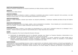 26
OBJETIVOS ORGANIZACIONALES.
Niveles de realización establecidos por grupos de personas con metas comunes, escritos o implícitos.
OBJETIVO.
Propósito que se desea alcanzar.
OBJETIVO GENERAL.
Propósito que orienta los esfuerzos a realizar y constituye un parámetro para evaluar, durante la ejecución de las acciones, si se está
logrando lo que se busca, en el marco de las grandes orientaciones de la institución.
OBJETIVO ESPECIFICO.
Situación o estado deseable a alcanzar para resolver una situación problemática. Constituyen resultados parciales del logro del objetivo
general.
OBJETIVOS ESTRATEGICOS.
Propósitos que establecen qué se va a lograr, cuándo y cómo se alcanzarán los resultados. Futuro deseado por la comunidad educativa a
partir de su realidad. Incluyen el sujeto (institución), tipo de acción y tiempo.
OPORTUNIDADES.
Posibilidades que ofrece el entorno y que pueden ser aprovechadas por un actor para la realización exitosa de su estrategia 0 de su
proyecto. Factores externos que pueden ser aprovechados para un mejor desarrollo de la institución.
PADEM.
Sigla que corresponde a Pla n Anual de Desarrollo Educativo Municipal.
(1) Instrumento de gobernabilidad anual de la educación municipal, que integra los Proyectos Educativos institucionales de los
establecimientos con el Plan de Desarrollo comunal, en función de los recursos.
(2) Instrumento que permite planificar y gestionar la educación municipal en la comuna, programar las metas anuales para la
educación, considerando los recursos humanos, financieros y materiales existentes y evaluar los resultados, lo cual posibilita
corregir situaciones obstaculizadoras o reconocer la inviabilidad de las metas.
PARTICIPACION.
"Tomar parte de", tener la posibilidad de actuar y hacer un aporte real en una institución, desde la persona y la función que desempeña. Se
caracteriza por la habilidad para anticiparse a prever un hecho, tener en cuenta el largo plazo y las consecuencias más remotas de los
procesos, cooperar, compartir e intercambiar visiones diversas de una misma realidad, en contextos que favorecen la comunicación y el
aprendizaje.
 