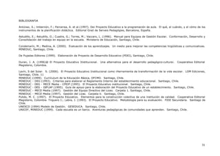 31
BIBLIOGRAFIA
Antúnez, S.; lmbernón, F.; Parcerisa, A. et al.(1997). De¡ Proyecto Educativo a la programación de aula. El qué, el cuándo, y el cómo de los
instrumentos de la planificación didáctica. Editorial Graó de Serveis Pedagógies, Barcelona, España.
Astudillo, E.; Astudillo, O.; Cuadra, G.; Torres, M.; Vaccaro, L. (1996). Manual para Equipos de Gestión Escolar. Conformación, Desarrollo y
Consolidación del trabajo en equipo en la escuela. Ministerio de Educación, Santiago, Chile.
Condemarín, M.; Medina, A. (2000). Evaluación de los aprendizajes. Un medio para mejorar las competencias lingüísticas y comunicativas.
MINEDUC, Santiago, Chile.
De Pujadas Editores (1999). Elaboración de Proyecto de Desarrollo Educativo (PDEI), Santiago, Chile.
Duran, J. A. (1996)@ El Proyecto Educativo Itistitucional. Una alternativa para el desarrollo pedagógico-cultura¡. Cooperativa Editorial
Magisterio, Colombia.
Lavín, S del Solar. S. (2000). El Proyecto Educativo Institucional como ¡Herramienta de transformación de la vida escolar. LOM Ediciones,
Santiago, Chile. 11
MINEDUC (1999). Currículum de la Educación Básica, OFCMO. Santiago, Chile.
MINEDUC - DEG (1993). Criterios para elaborar el Reglamento Interno del establecimiento educacional. Santiago, Chile.
MINEDUC - DEG - MECE Media - CPEIP (1995). El Proyecto Educativo institucional. Santiago, Chile.
MINEDUC - DEG - DIPLAP (1995). Guía de apoyo para la elaboración del Proyecto Educativo de un establecimiento. Santiago, Chile.
MINEDUC - MECE Media (1997). Gestión del Equipo Directivo del Liceo. Carpeta 1. Santiago, Chile.
MINEDUC - MECE Media (1997). Gestión del Liceo. Carpeta ti. Santiago, Chile.
Pulido, M. C. (1997). El Proyecto Educativo. Elementos para la construcción colectiva de una institución de calidad. Cooperativa Editorial
Magisterio, Colombia. Triguero J.; Labra, J. (1993). El Proyecto Educativo. Metodología para su evaluación. FIDE Secundaria. Santiago de
Chile.
UNESCO (1994) Modelo de Gestión. GESEDUCA. Santiago, Chile.
UNICEF, MINEDUC (1999). Cada escuela es un barco. Aventuras pedagógicas de comunidades que aprenden. Santiago, Chile.
 