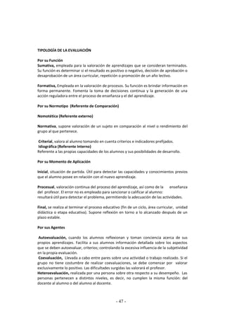 - 47 -
TIPOLOGÍA DE LA EVALUACIÓN
Por su Función
Sumativa, empleada para la valoración de aprendizajes que se consideran terminados.
Su función es determinar si el resultado es positivo o negativo, decisión de aprobación o
desaprobación de un área curricular, repetición o promoción de un año lectivo.
Formativa, Empleada en la valoración de procesos. Su función es brindar información en
forma permanente. Fomenta la toma de decisiones continua y la generación de una
acción reguladora entre el proceso de enseñanza y el del aprendizaje.
Por su Normotipo (Referente de Comparación)
Nomotética (Referente externo)
Normativa, supone valoración de un sujeto en comparación al nivel o rendimiento del
grupo al que pertenece.
Criterial, valora al alumno tomando en cuenta criterios e indicadores prefijados.
Idiográfica (Referente Interno)
Referente a las propias capacidades de los alumnos y sus posibilidades de desarrollo.
Por su Momento de Aplicación
Inicial, situación de partida. Útil para detectar las capacidades y conocimientos previos
que el alumno posee en relación con el nuevo aprendizaje.
Procesual, valoración continua del proceso del aprendizaje, así como de la enseñanza
del profesor. El error no es empleado para sancionar o calificar al alumno:
resultará útil para detectar el problema, permitiendo la adecuación de las actividades.
Final, se realiza al terminar el proceso educativo (fin de un ciclo, área curricular, unidad
didáctica o etapa educativa). Supone reflexión en torno a lo alcanzado después de un
plazo estable.
Por sus Agentes
Autoevaluación, cuando los alumnos reflexionan y toman conciencia acerca de sus
propios aprendizajes. Facilita a sus alumnos información detallada sobre los aspectos
que se deben autoevaluar, criterios; controlando la excesiva influencia de la subjetividad
en la propia evaluación.
Coevaluación, Llevada a cabo entre pares sobre una actividad o trabajo realizado. Si el
grupo no tiene costumbre de realizar coevaluaciones, se debe comenzar por valorar
exclusivamente lo positivo. Las dificultades surgidas las valorará el profesor.
Heteroevaluación, realizada por una persona sobre otra respecto a su desempeño. Las
personas pertenecen a distintos niveles, es decir, no cumplen la misma función: del
docente al alumno o del alumno al docente.
 