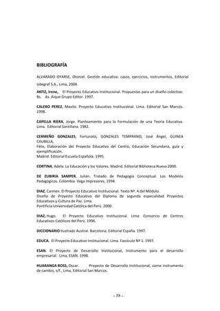 - 58 -
BIBLIOGRAFÍA
ALVARADO OYARSE, Otoniel. Gestión educativa: casos, ejercicios, instrumentos, Editorial
Udegraf S.A., Lima, 2004.
AKFIZ, Irene, El Proyecto Educativo Institucional. Propuestas para un diseño colectivo.
Bs. As. Aique Grupo Editor. 1997.
CALERO PEREZ, Mavilo. Proyecto Educativo Institucional. Lima. Editorial San Marcos.
1998.
CAPELLA RIERA, Jorge. Planteamiento para la Formulación de una Teoría Educativa.
Lima. Editorial Santillana. 1982.
CERMEÑO GONZALES, Fortunato, GONZALES TEMPRANO, José Ángel, GUINEA
CAUBILLA,
Félix, Elaboración del Proyecto Educativo del Centro, Educación Secundaria, guía y
ejemplificación.
Madrid. Editorial Escuela Española. 1995.
CORTINA, Adela. La Educación y los Valores. Madrid. Editorial Biblioteca Nueva 2000.
DE ZUBIRIA SAMPER, Julián. Tratado de Pedagogía Conceptual. Los Modelos
Pedagógicos. Colombia. Vega Impresores, 1994.
DIAZ, Carmen. El Proyecto Educativo Institucional. Texto Nº. 4 del Módulo.
Diseño de Proyecto Educativo del Diploma de segunda especialidad Proyectos
Educativos y Cultura de Paz. Lima.
Pontificia Universidad Católica del Perú. 2000.
DIAZ, Hugo. El Proyecto Educativo Institucional. Lima. Consorcio de Centros
Educativos Católicos del Perú. 1996.
DICCIONARIO Ilustrado Austral. Barcelona. Editorial España. 1997.
EDUCA. El Proyecto Educativo Institucional. Lima. Fascículo Nº 1. 1997.
ESAN. El Proyecto de Desarrollo Institucional, Instrumento para el desarrollo
empresarial. Lima, ESAN. 1998.
HUARANGA ROSS, Oscar. Proyecto de Desarrollo Institucional, como instrumento
de cambio, s/f., Lima, Editorial San Marcos.
 