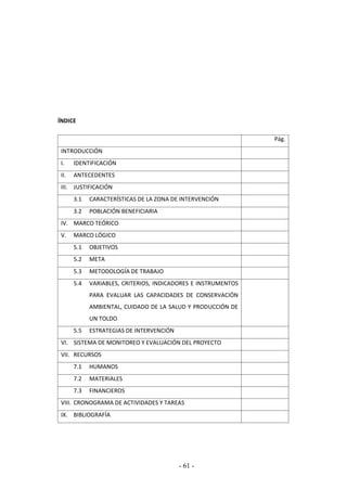 - 61 -
ÍNDICE
Pág.
INTRODUCCIÓN
I. IDENTIFICACIÓN
II. ANTECEDENTES
III. JUSTIFICACIÓN
3.1 CARACTERÍSTICAS DE LA ZONA DE INTERVENCIÓN
3.2 POBLACIÓN BENEFICIARIA
IV. MARCO TEÓRICO
V. MARCO LÓGICO
5.1 OBJETIVOS
5.2 META
5.3 METODOLOGÍA DE TRABAJO
5.4 VARIABLES, CRITERIOS, INDICADORES E INSTRUMENTOS
PARA EVALUAR LAS CAPACIDADES DE CONSERVACIÓN
AMBIENTAL, CUIDADO DE LA SALUD Y PRODUCCIÓN DE
UN TOLDO
5.5 ESTRATEGIAS DE INTERVENCIÓN
VI. SISTEMA DE MONITOREO Y EVALUACIÓN DEL PROYECTO
VII. RECURSOS
7.1 HUMANOS
7.2 MATERIALES
7.3 FINANCIEROS
VIII. CRONOGRAMA DE ACTIVIDADES Y TAREAS
IX. BIBLIOGRAFÍA
 