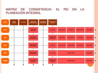MATRIZ DE CONSISTENCIA:                                          EL       PEI           EN           LA
  PLANEACIÓN INTEGRAL

       VISIÓN               OBJETIVOS    PROPUESTA    PROPUESTA DE
PEI    MISIÓN
                VALORES
                          ESTRATÉGICOS   PEDAGÓGICA     GESTIÓN




                           OBJETIVOS
PAT                         ANUALES
                                                        POLÍTICA     ESTRATEGIA     ACTIVIDAD     PRESUPUESTO   INDICADOR




                           OBJETIVOS                  ESTRUCTURA
 RI                       ORGANIZACIÓN                 ORGÁNICA
                                                                     FUNCIONES    PROCEDIMIENTO    ACCIONES     INDICADOR




                          OBJETIVOS DE
IGA                       EVALUACIÓN
                                                        CONTROL      EVALUACIÓN   SUPERVISIÓN      MONITOREO    INDICADOR




                          OBJETIVOS DE
PIN                        INNOVACIÓN
                                                       ACTIVIDAD                  PRESUPUESTO                   INDICADOR




                          OBJETIVOS DE                PROPUESTA DE
PEME                        MEJORA                      GESTIÓN
                                                                                  PRESUPUESTO                   INDICADOR
 
