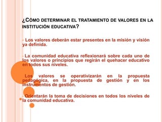 ¿CÓMO DETERMINAR EL TRATAMIENTO DE VALORES EN LA
INSTITUCIÓN EDUCATIVA?


• Los valores deberán estar presentes en la misión y visión
ya definida.

•La comunidad educativa reflexionará sobre cada uno de
los valores o principios que regirán el quehacer educativo
en todos sus niveles.

•Los valores se operativizarán en la propuesta
pedagógica, en la propuesta de gestión y en los
instrumentos de gestión.

•Orientarán la toma de decisiones en todos los niveles de
la comunidad educativa.
 