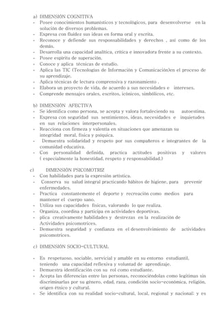 a) DIMENSIÓN COGNITIVA
  - Posee conocimientos humanísticos y tecnológicos, para desenvolverse en la
     solución de diversos problemas.
  - Expresa con fluidez sus ideas en forma oral y escrita.
  - Reconoce y defiende sus responsabilidades y derechos , así como de los
     demás.
  - Desarrolla una capacidad analítica, crítica e innovadora frente a su contexto.
  - Posee espíritu de superación.
  - Conoce y aplica técnicas de estudio.
  - Aplica las TIC (Tecnologías de Información y Comunicación)en el proceso de
     su aprendizaje.
  - Aplica técnicas de lectura comprensiva y razonamiento .
  - Elabora un proyecto de vida, de acuerdo a sus necesidades e intereses.
  - Comprende mensajes orales, escritos, icónicos, simbólicos, etc.

  b) DIMENSIÓN AFECTIVA
  - Se identifica como persona, se acepta y valora fortaleciendo su autoestima.
  - Expresa con seguridad sus sentimientos, ideas, necesidades e inquietudes
     en sus relaciones interpersonales.
  - Reacciona con firmeza y valentía en situaciones que amenazan su
     integridad moral, física y psíquica.
  -   Demuestra solidaridad y respeto por sus compañeros e integrantes de la
     comunidad educativa.
  - Con personalidad definida, practica actitudes positivas y valores
     ( especialmente la honestidad, respeto y responsabilidad.)

c)       DIMENSIÓN PSICOMOTRIZ
  -   Con habilidades para la expresión artística.
  -    Conserva su salud integral practicando hábitos de higiene, para prevenir
      enfermedades.
  -   Practica constantemente el deporte y recreación como medios para
      mantener el cuerpo sano.
  -   Utiliza sus capacidades físicas, valorando lo que realiza.
  -   Organiza, coordina y participa en actividades deportivas.
  -   plica creativamente habilidades y destrezas en la realización de
      Actividades psicomotrices.
  -   Demuestra seguridad y confianza en el desenvolvimiento de actividades
      psicomotrices.

  c) DIMENSIÓN SOCIO-CULTURAL

  -   Es respetuoso, sociable, servicial y amable en su entorno estudiantil,
      teniendo una capacidad reflexiva y voluntad de aprendizaje.
  -   Demuestra identificación con su rol como estudiante.
  -   Acepta las diferencias entre las personas, reconociéndolas como legitimas sin
      discriminarlas por su género, edad, raza, condición socio-económica, religión,
      origen étnico y cultural.
  -   Se identifica con su realidad socio-cultural, local, regional y nacional; y es
 