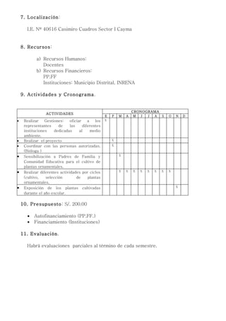 7. Localización:

      I.E. Nº 40616 Casimiro Cuadros Sector I Cayma


    8. Recursos:

            a) Recursos Humanos:
               Docentes
            b) Recursos Financieros:
               PP.FF
               Instituciones: Municipio Distrital, INRENA

    9. Actividades y Cronograma.


                                                                    CRONOGRAMA
                 ACTIVIDADES
                                                    E   F   M   A   M   J   J   A   S   O   N   D
•    Realizar    Gestiones:    oficiar    a   los   X
     representantes     de     las     diferentes
     instituciones    dedicadas      al     medio
     ambiente.
•    Realizar el proyecto                               X
•    Coordinar con las personas autorizadas.            X
     (Bióloga )
•    Sensibilización a Padres de Familia y                  X

     Comunidad Educativa para el cultivo de
     plantas ornamentales.
•    Realizar diferentes actividades por ciclos             X   X   X   X   X   X   X   X

     (cultivo,   selección         de     plantas
     ornamentales.
•    Exposición de los plantas cultivadas                                                   X

     durante el año escolar.

    10. Presupuesto: S/. 200.00

       •   Autofinanciamiento (PP.FF.)
       •   Financiamiento (Instituciones)

    11. Evaluación.

      Habrá evaluaciones parciales al término de cada semestre.
 