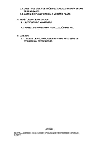 3.1. OBJETIVOS DE LA GESTIÓN PEDAGÓGICA BASADA EN LOS
APRENDIZAJES:
3.2. MATRIZ DE PLANIFICACIÓN A MEDIANO PLAZO:
4. MONITOREO Y EVALUACION:
4.1. ACCIONES DE MONITOREO:
4.2. MATRIZ DE MONITOREO Y EVALUACIÓN DEL PEI.
5. ANEXOS
5.1. ACTAS DE REUNIÓN, EVIDENCIAS DE PROCESOS DE
EVALUACIÓN ENTRE OTROS:
ANEXO 1
PLANTILLA SOBRE LOS RESULTADOS DE APRENDIZAJE E INDICADORRES DE EFICIENCIA
INTERNA
 