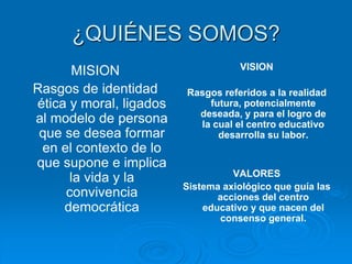 ¿QUIÉNES SOMOS?
MISION
Rasgos de identidad
ética y moral, ligados
al modelo de persona
que se desea formar
en el contexto de lo
que supone e implica
la vida y la
convivencia
democrática
VISION
Rasgos referidos a la realidad
futura, potencialmente
deseada, y para el logro de
la cual el centro educativo
desarrolla su labor.
VALORES
Sistema axiológico que guía las
acciones del centro
educativo y que nacen del
consenso general.
 